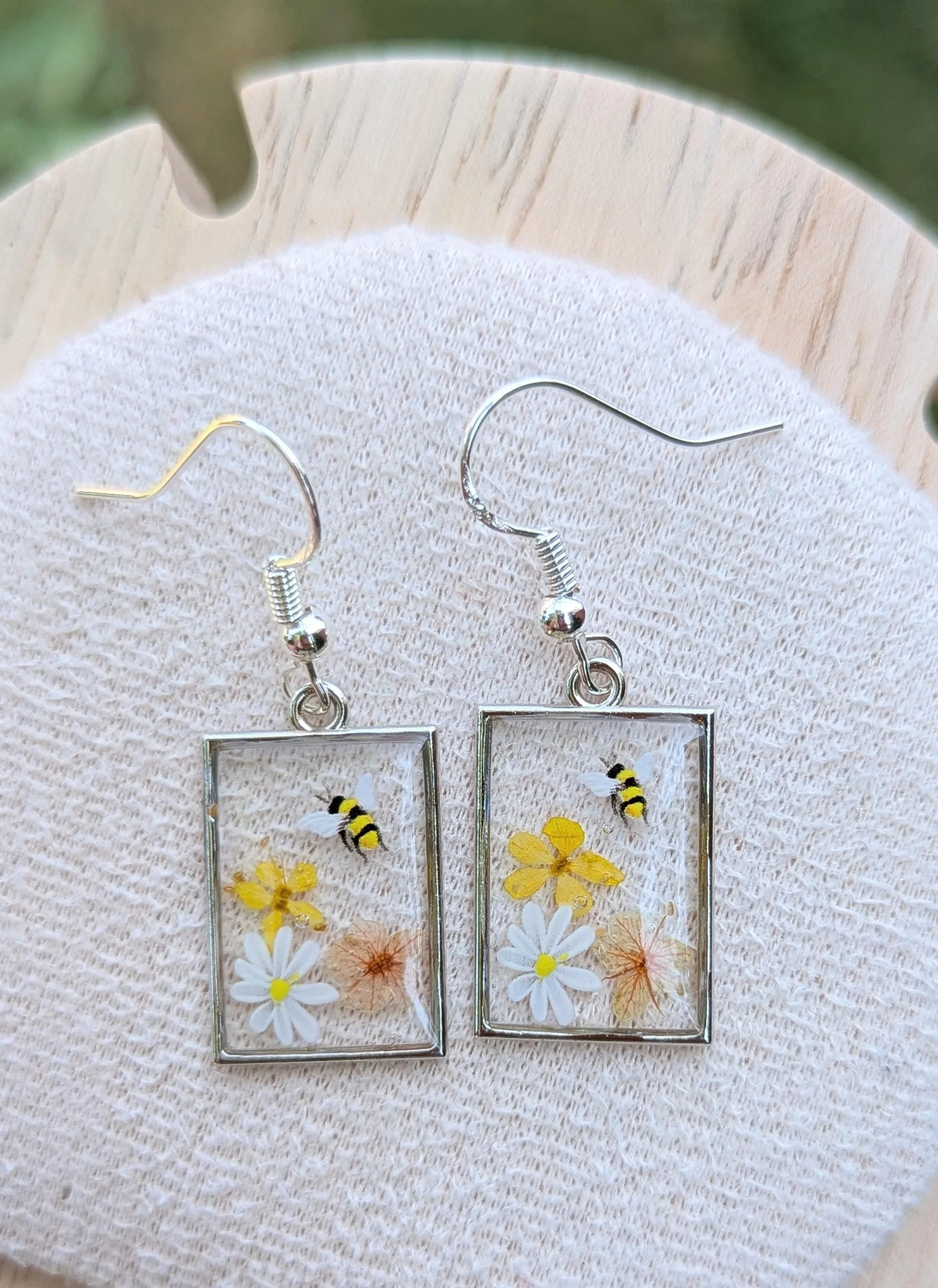 Bumblebee Real Flower Earrings: Sterling Silver Dangle Drop Earrings
