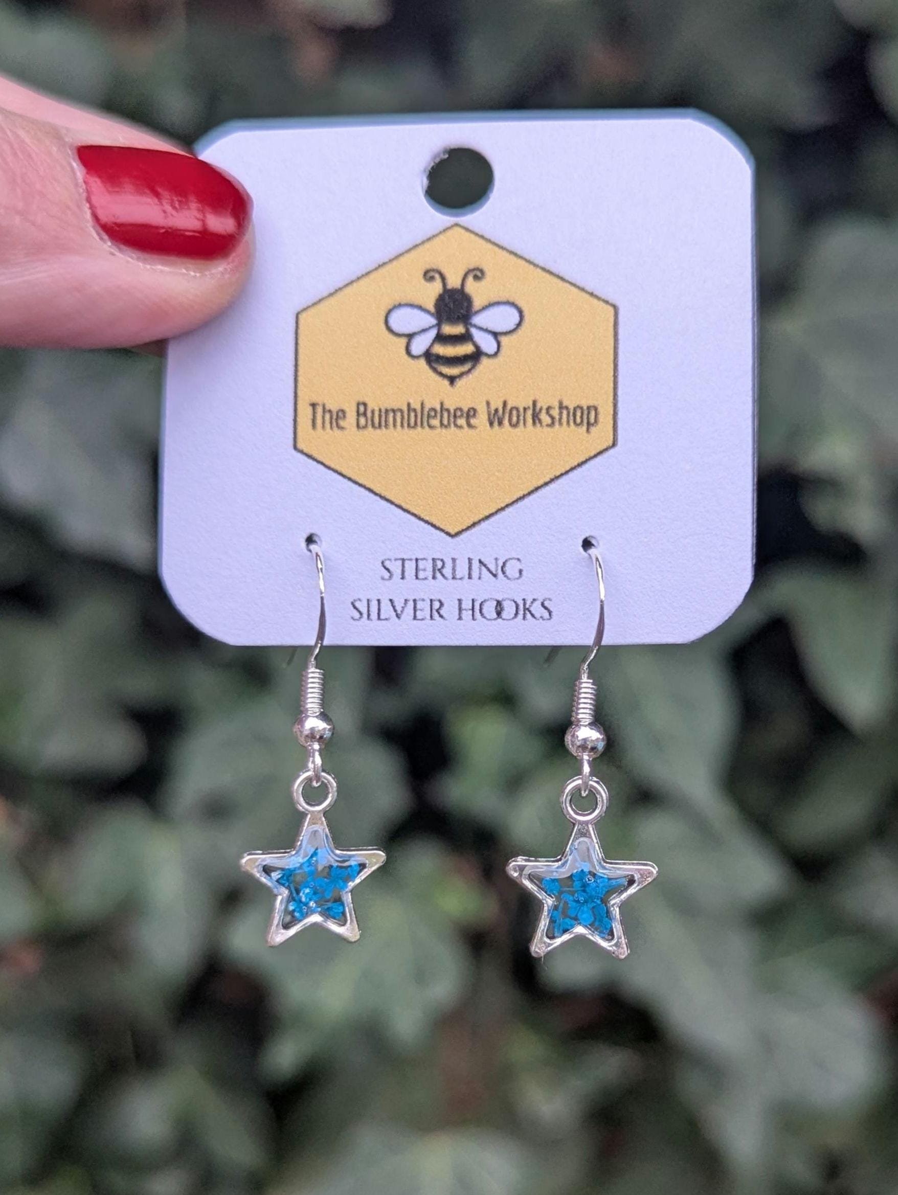 Real Flower Star Earrings: Sterling Silver Dangle Drop Earrings