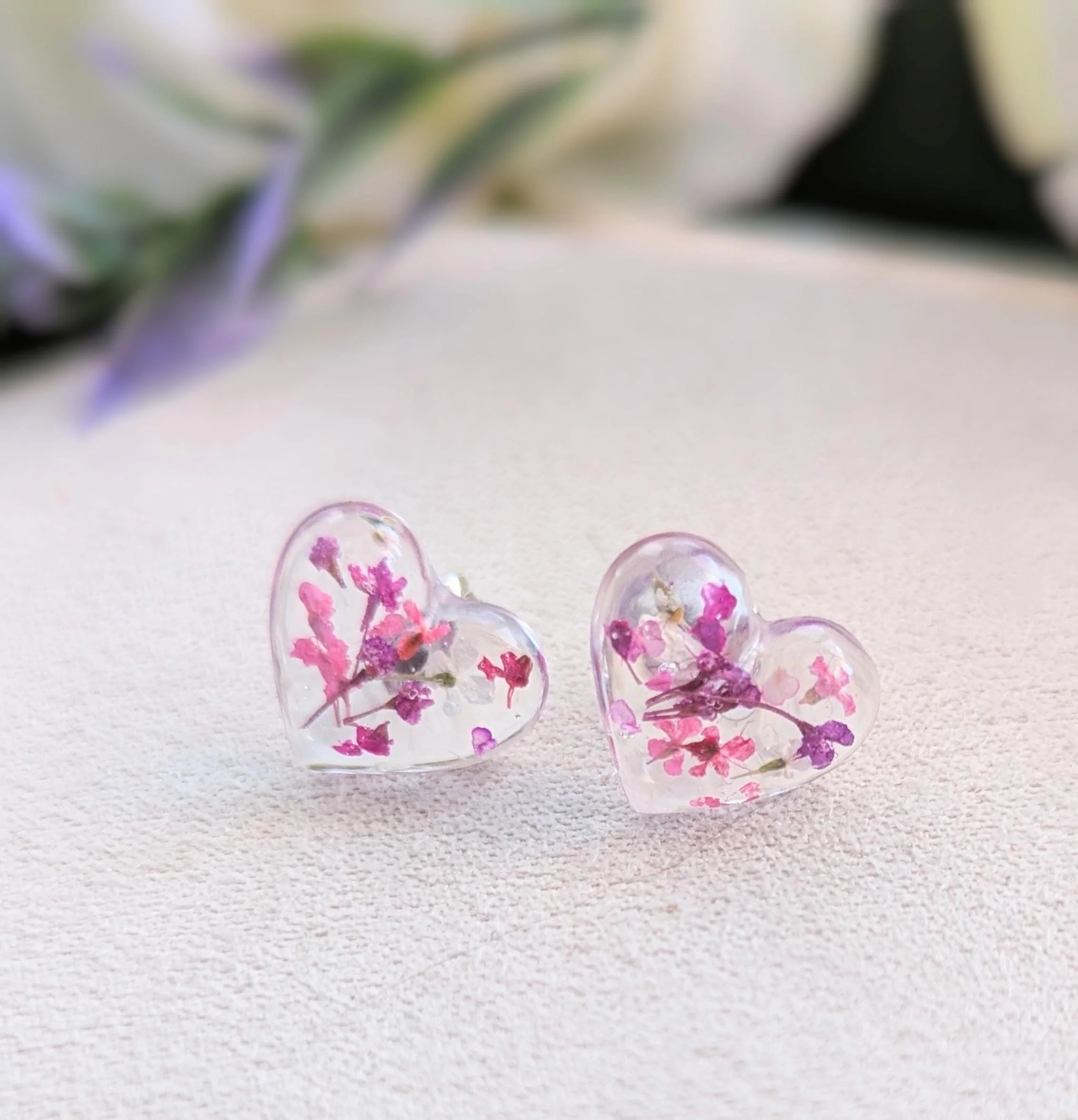 Pressed Flower Heart Stud Earrings: Sterling Silver Resin Jewelry