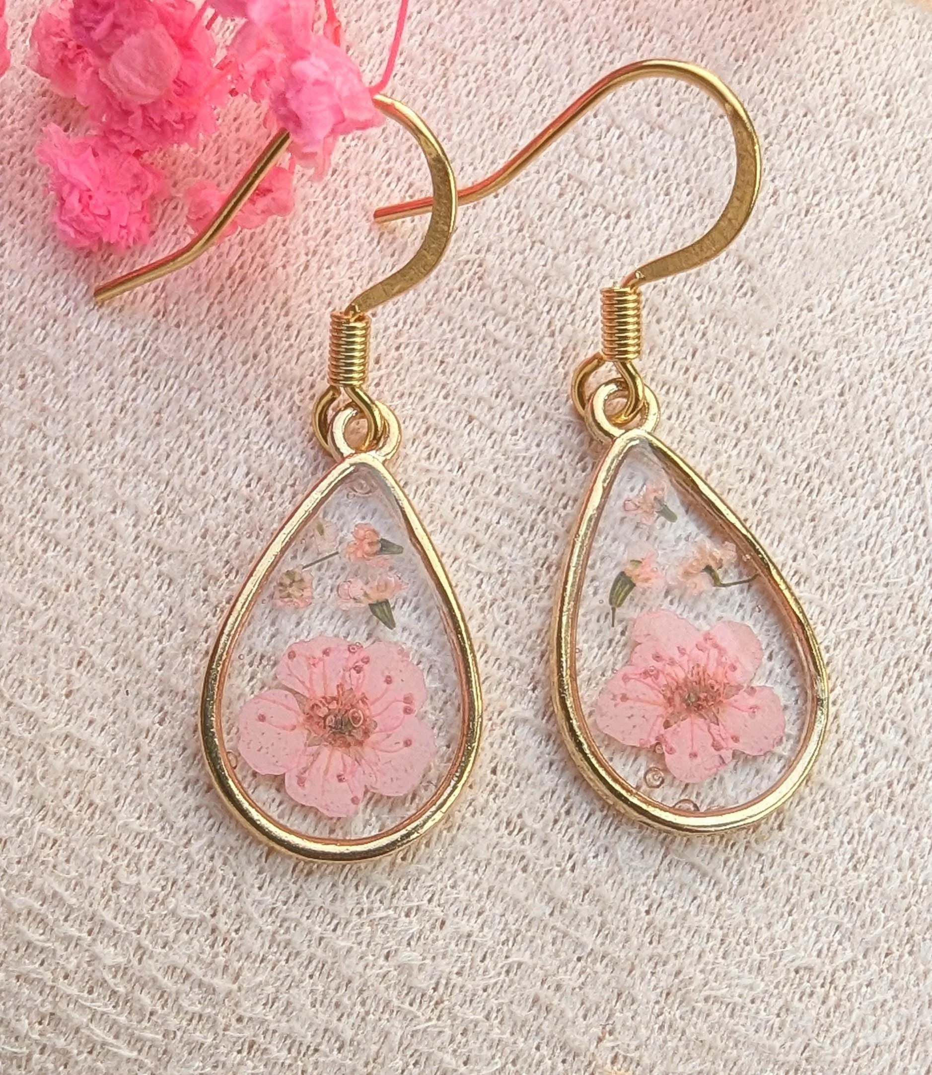 Pressed Flower Teardrop Earrings: 18k Gold Plated Resin Dangle