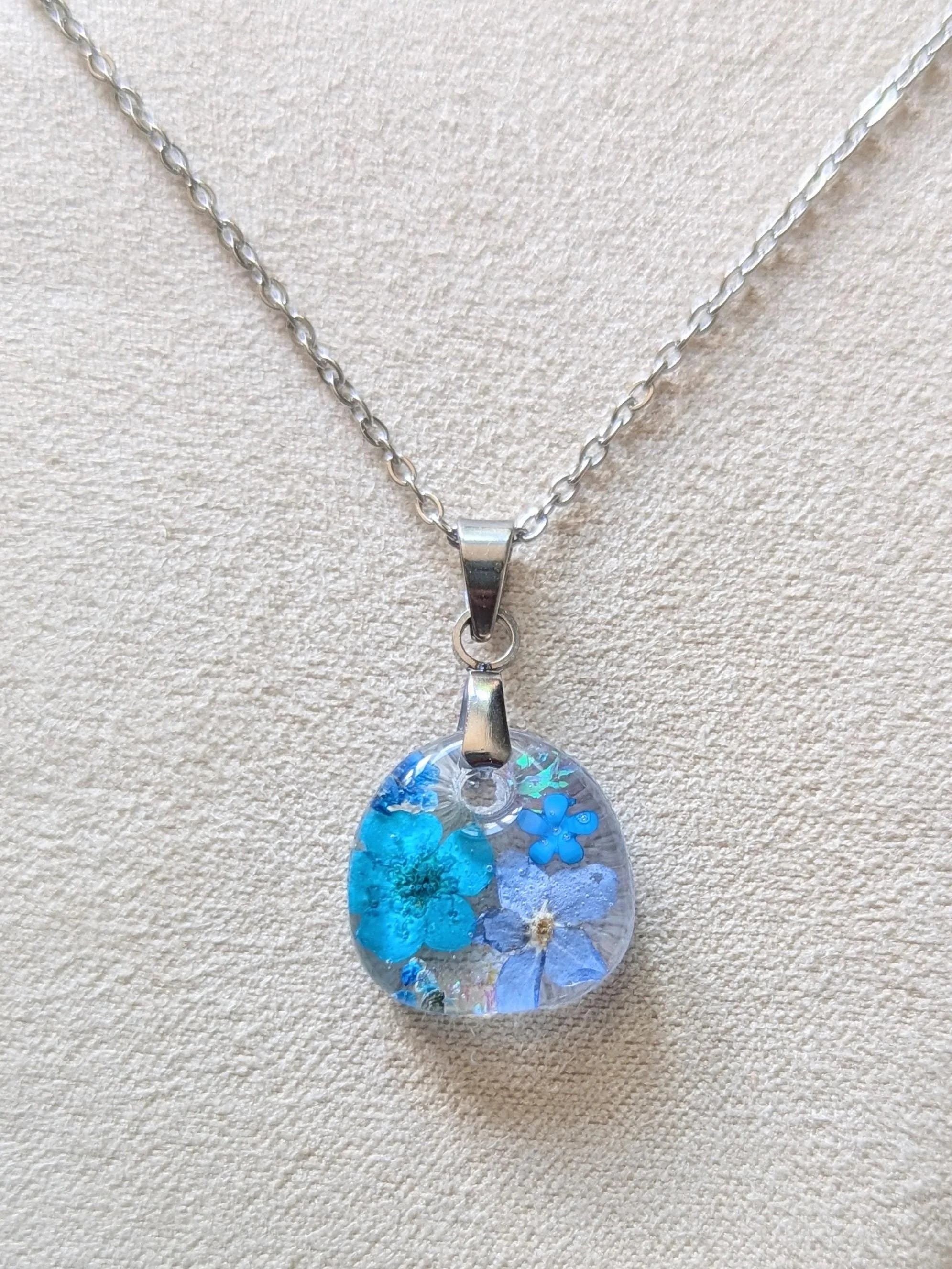 Pressed Flower Resin Boulder Pendant: Gold or Silver Stainless Steel Chain