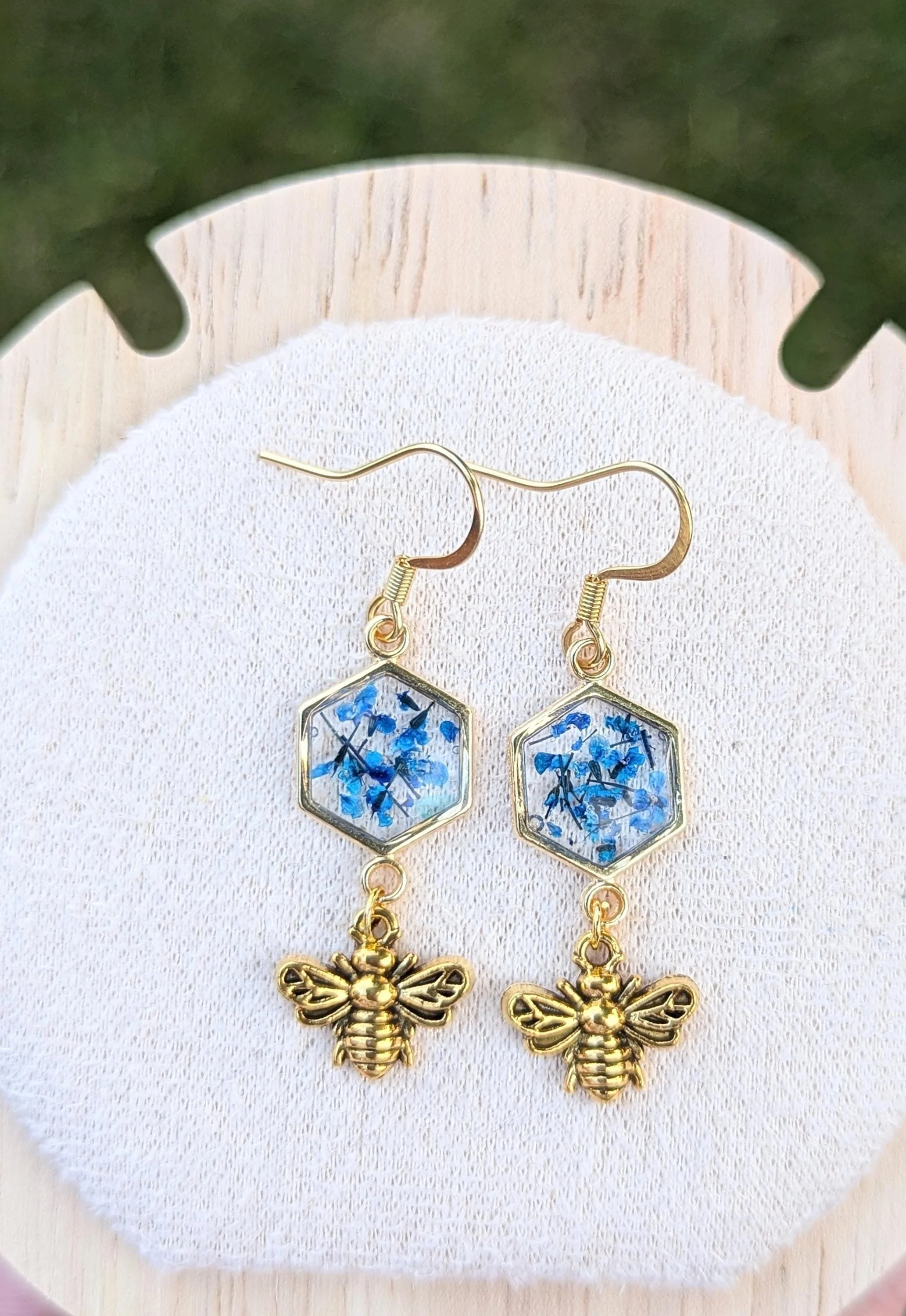 Pressed Flower Bumblebee Earrings: 18k Gold Honeycomb Dangles