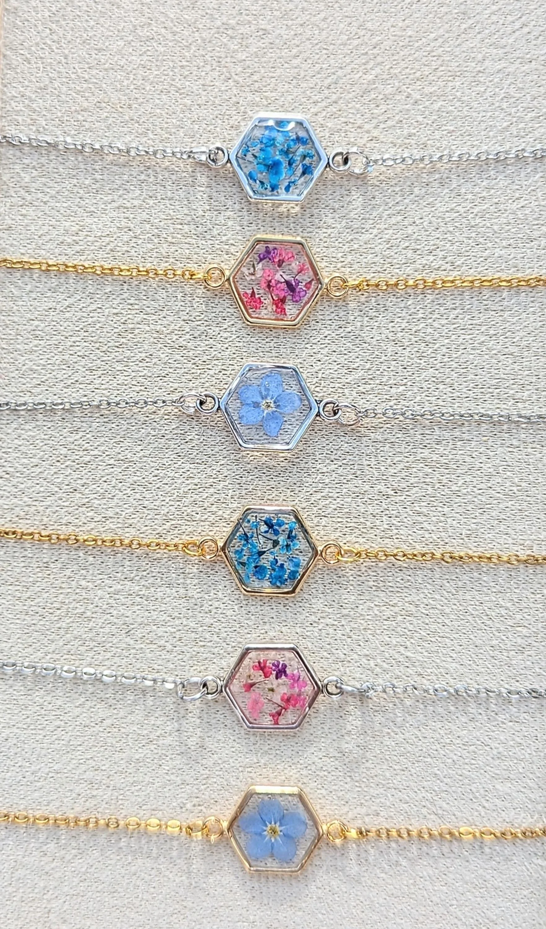 Pressed Flower Resin Bracelet: Stainless Steel Chain, Hexagon Blue or Pink Flowers Gift