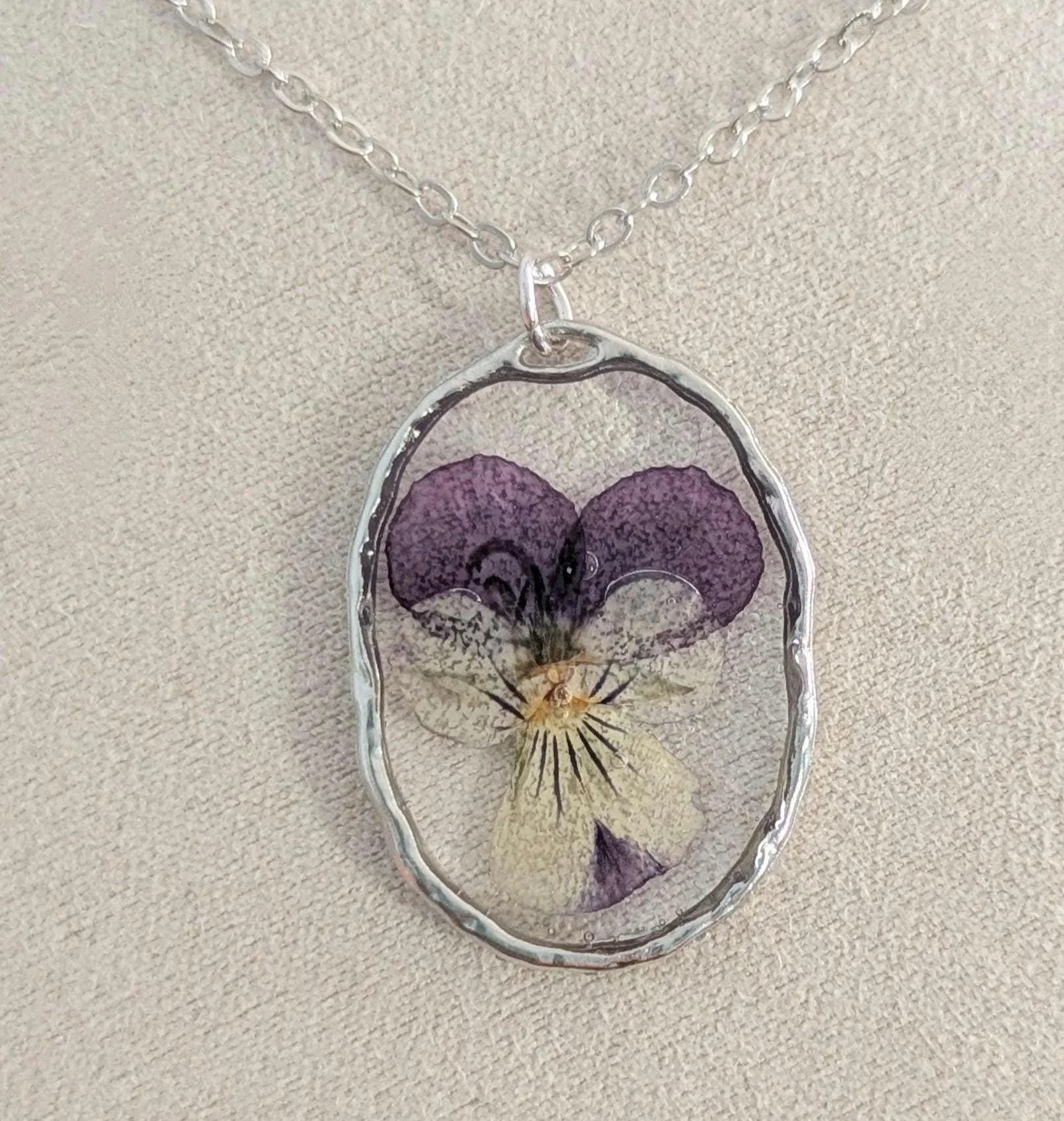 Pressed Pansy Pendant: Real Dried Viola Flower, Stainless Steel Chain
