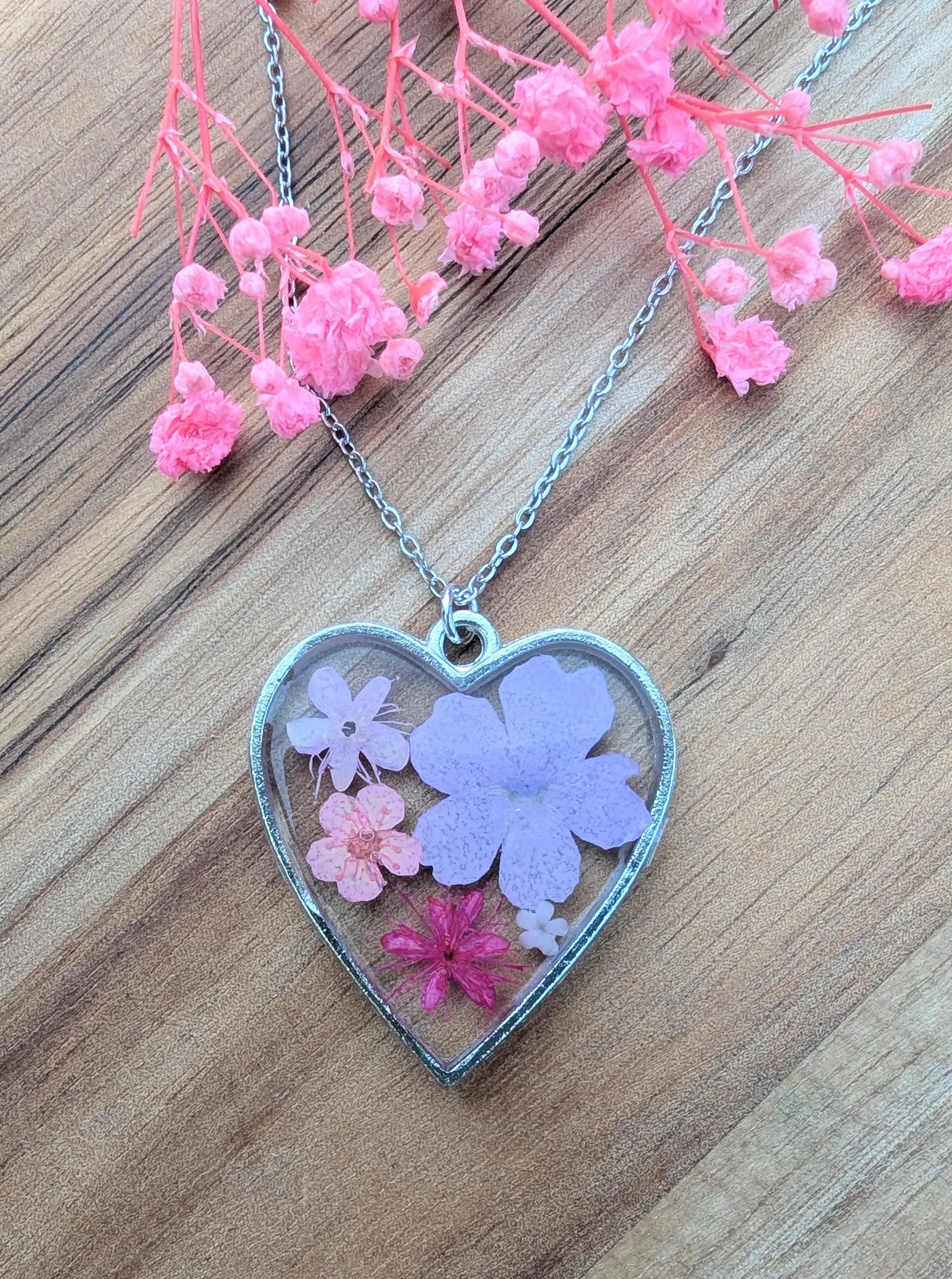 Pressed Flower Heart Pendant: Pink & Purple Resin Necklace