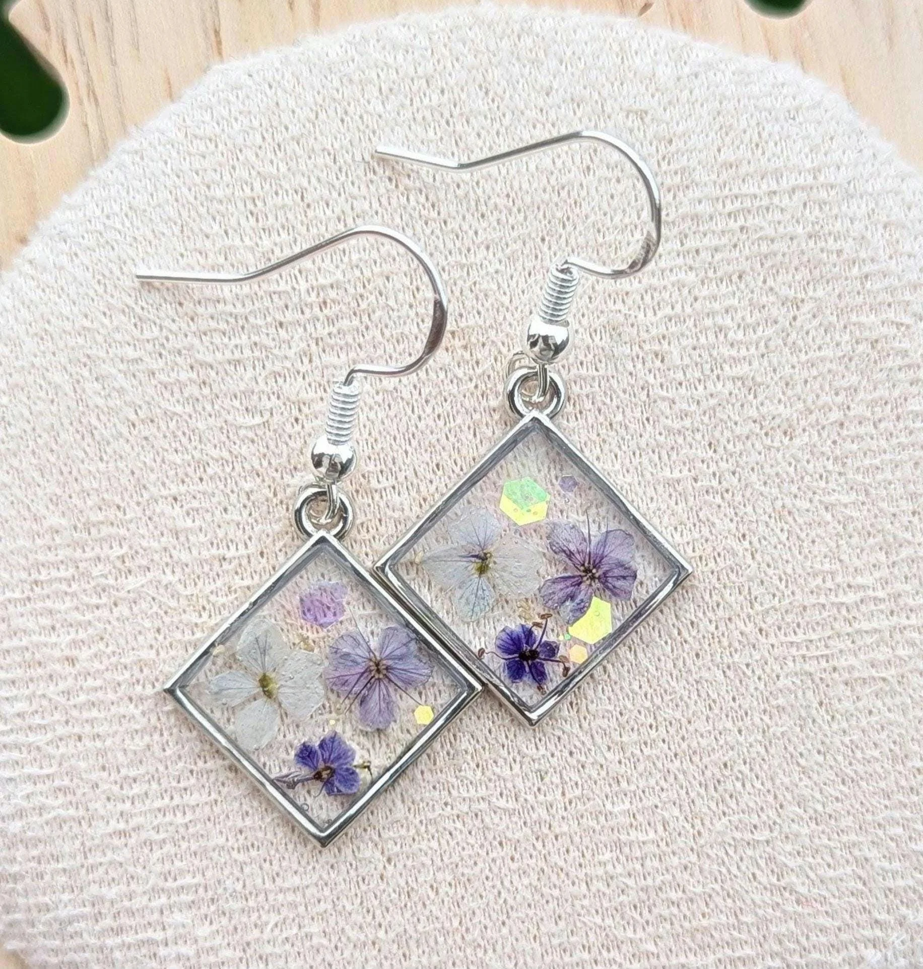 Real Flower Square Earrings: Sterling Silver Dangle Drop Earrings