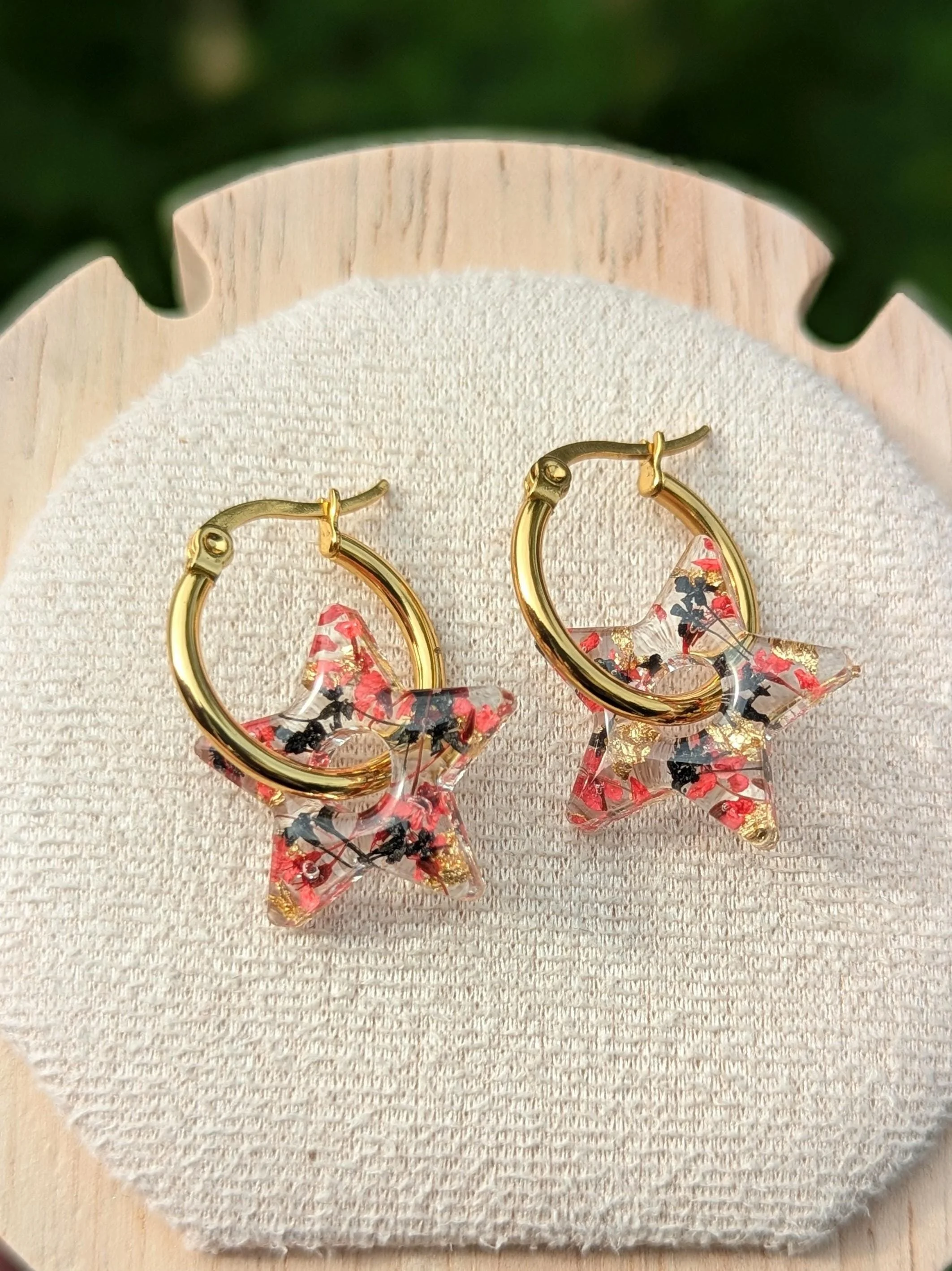 Pressed Flower Star Earrings: Red, gold and black in Resin, Stainless Steel Hoops