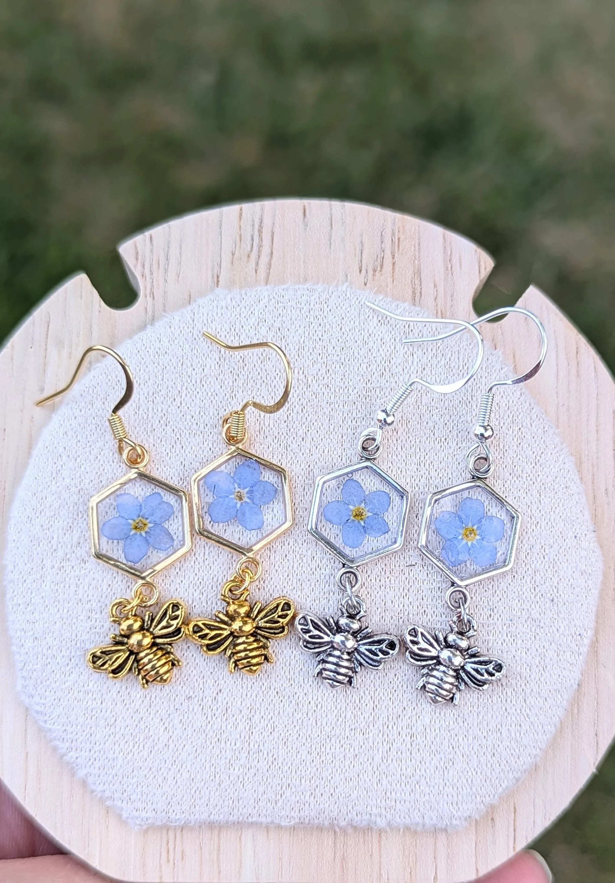 Bumblebee Dangle Earrings: Pressed Forget-Me-Nots, Sterling Silver