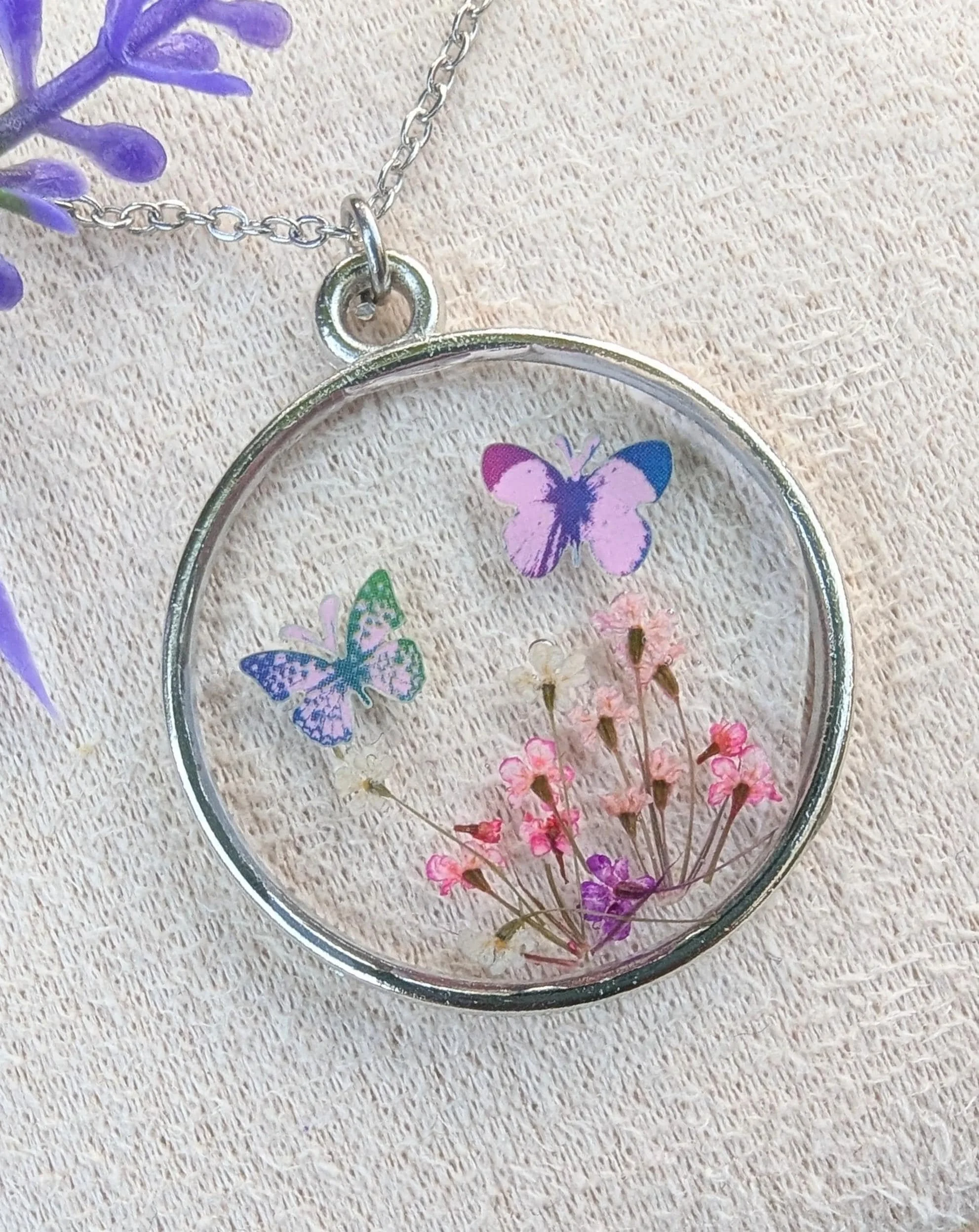 Pressed Flower Butterfly Meadow Pendant, Resin Stainless Steel Necklace