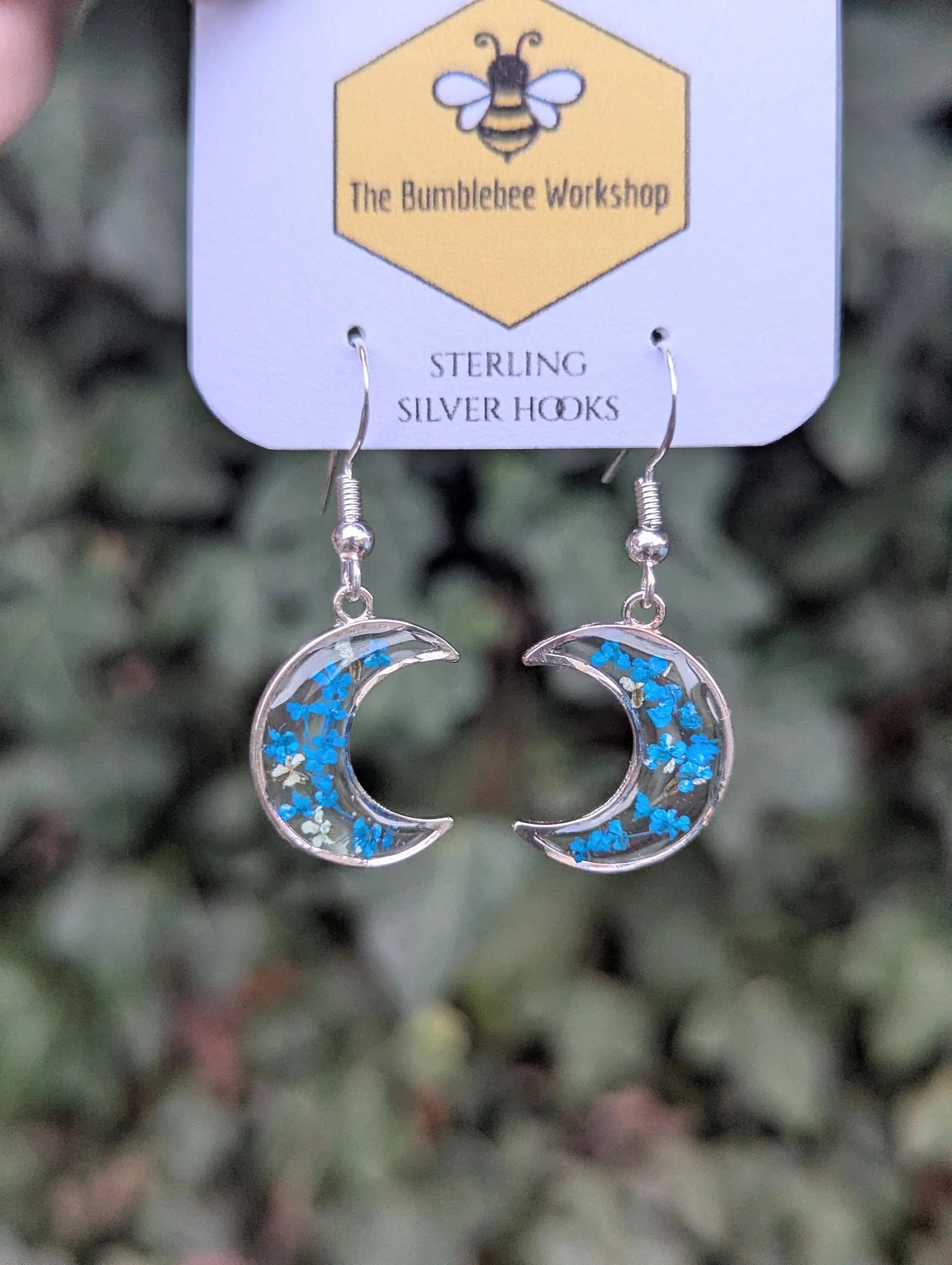 Real Flower Moon Earrings: Sterling Silver Dangle Drop Earrings
