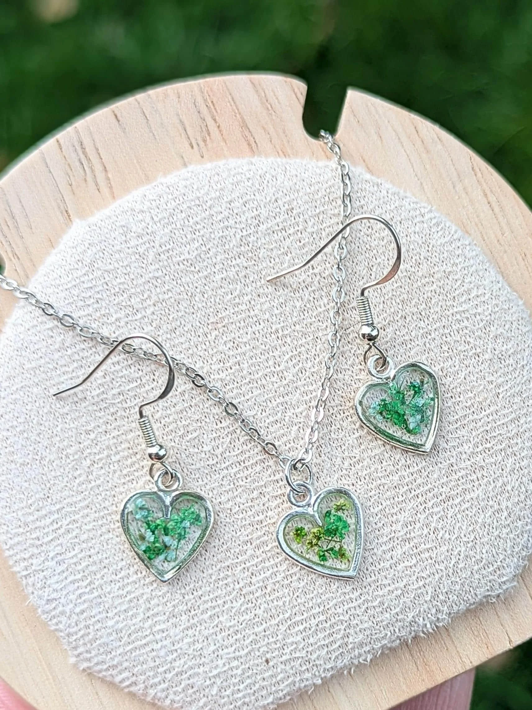 Pressed Green Flower Heart Jewelry Set: Sterling Silver Earrings and Necklace