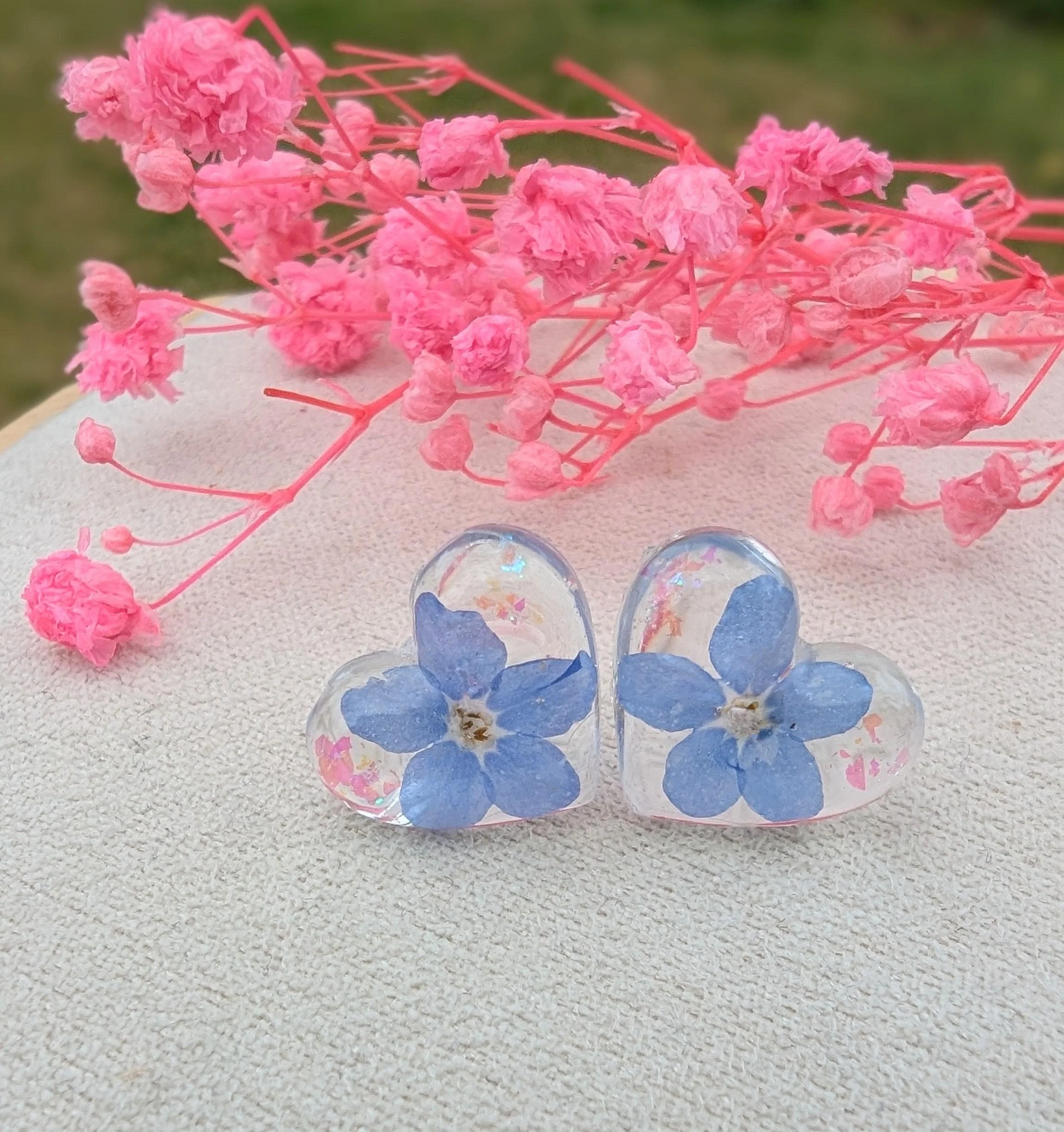 Forget Me Not Heart Earrings: Real Pressed Flower Sterling Silver Studs