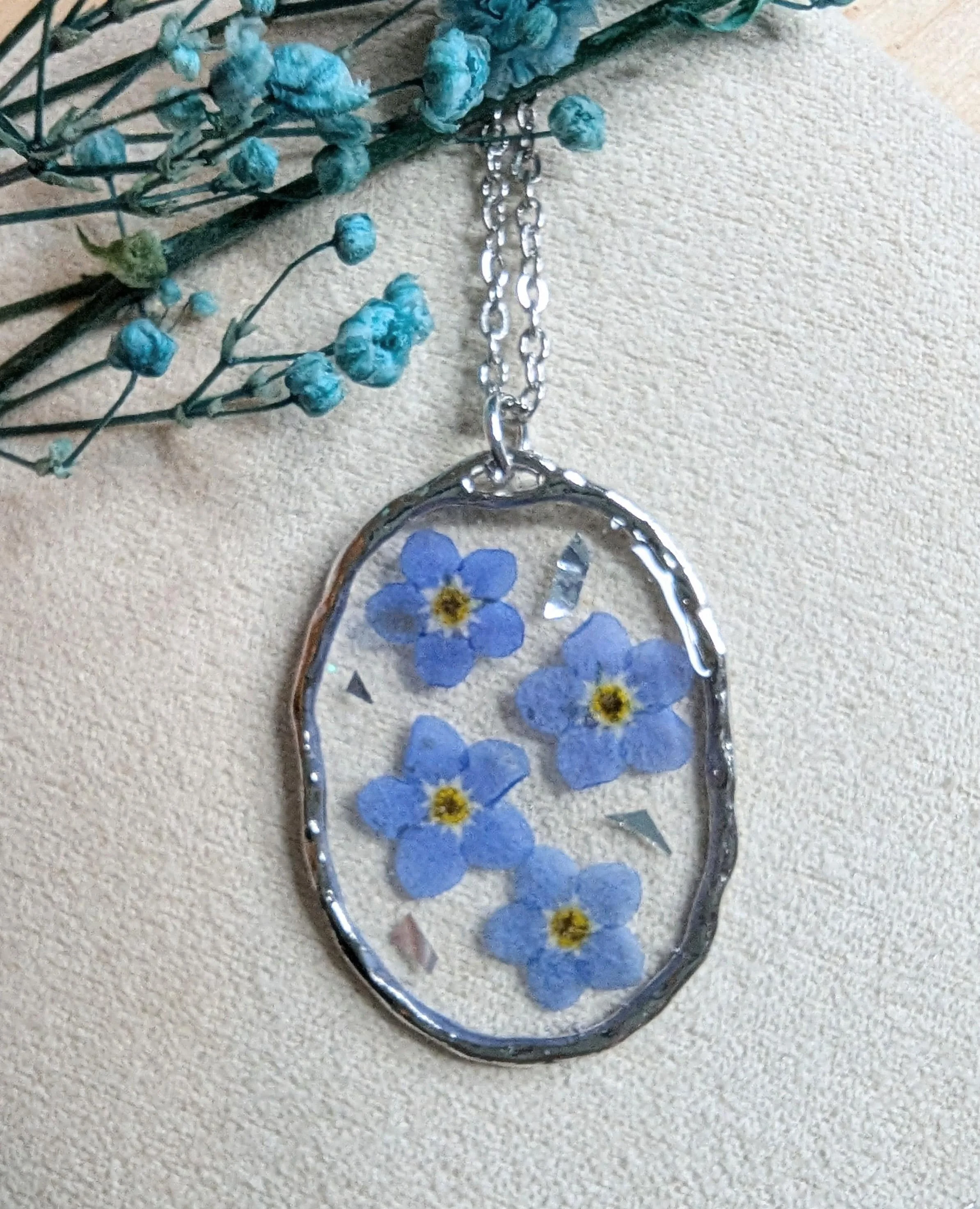 Pressed Forget-Me-Not Resin Pendant: Stainless Steel Chain Necklace