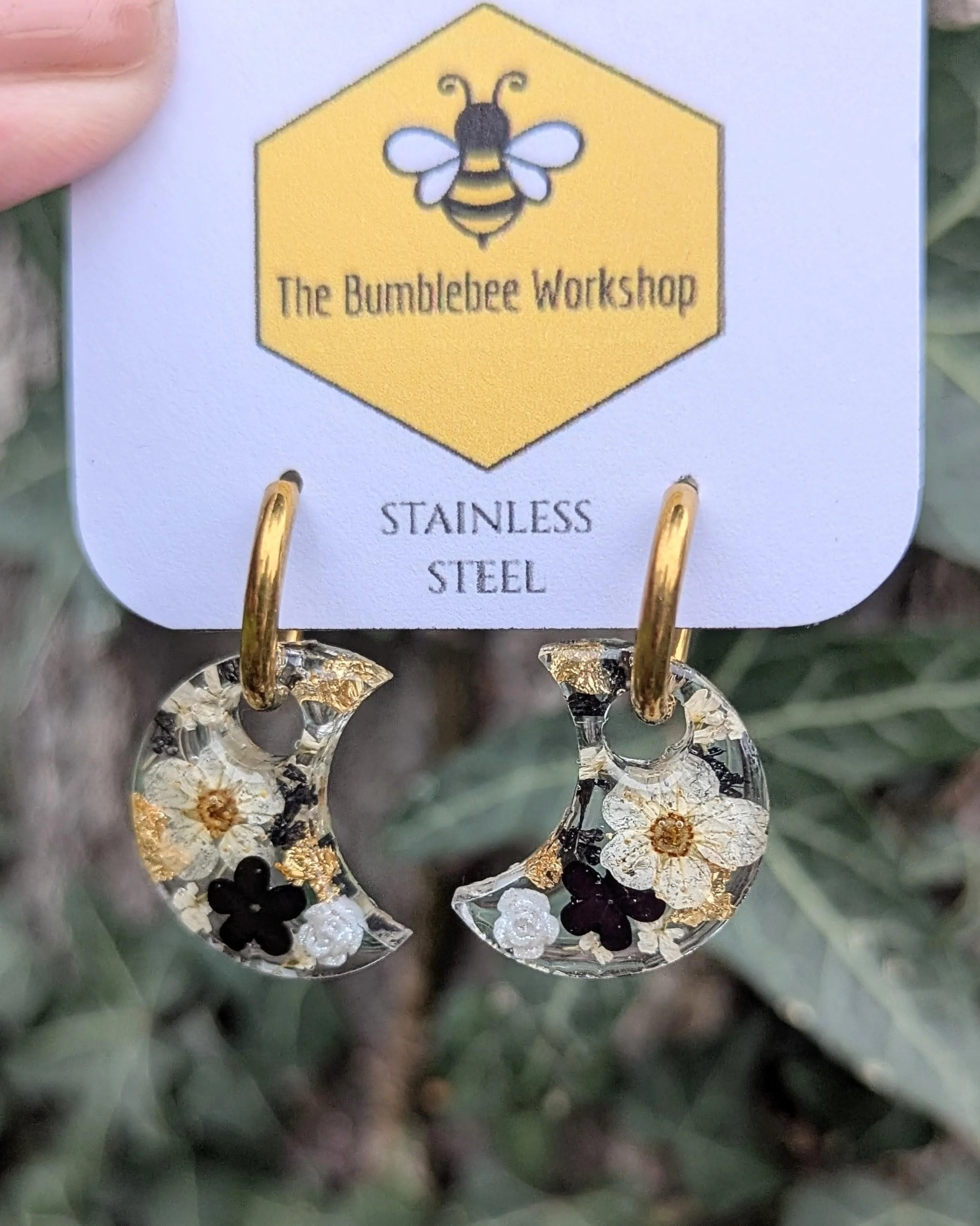Pressed Flower Moon Earrings: Black, Cream and Gold Florals, Gold Stainless Steel Hoops