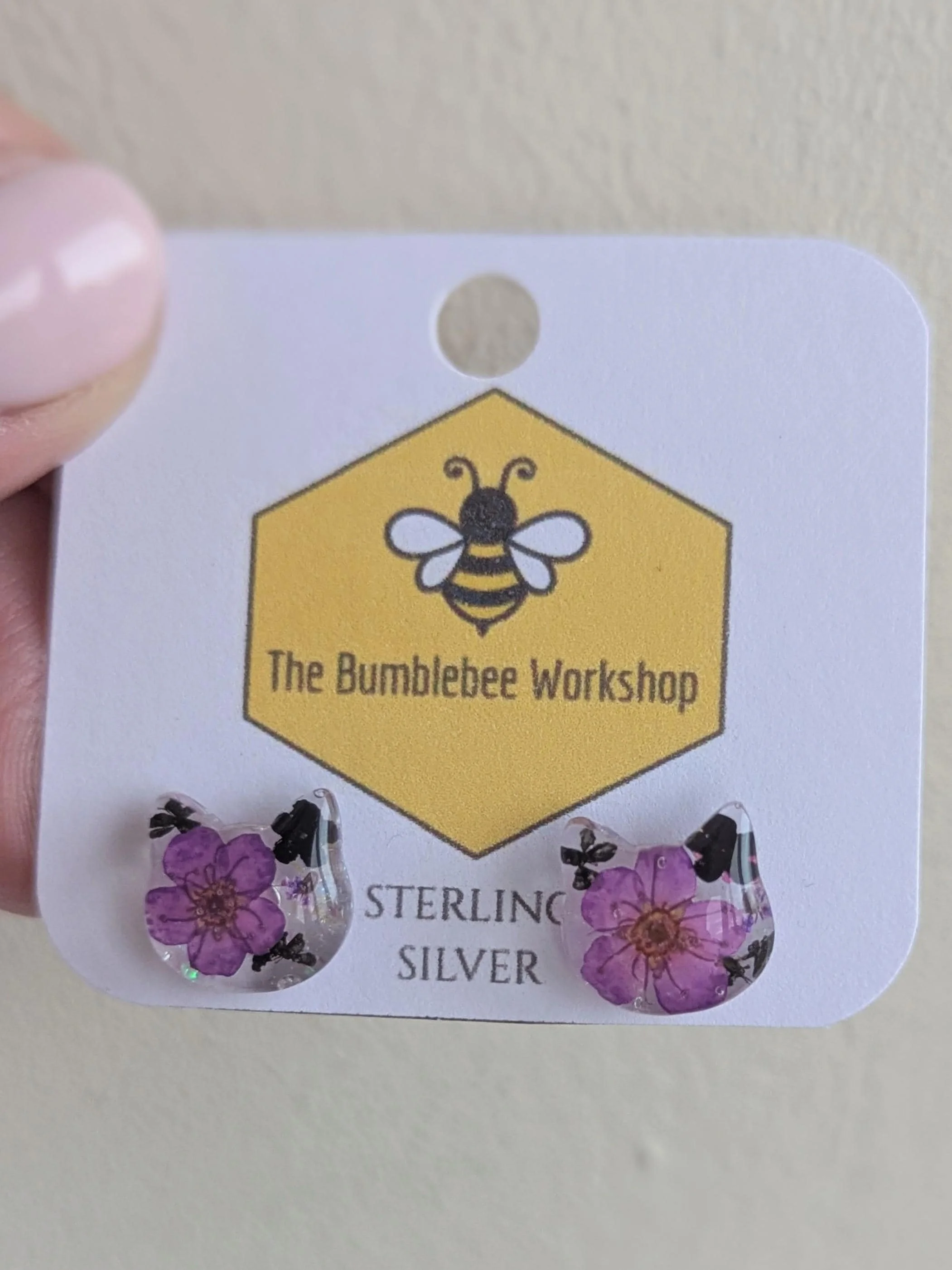 Pressed Flower Halloween Cat Earrings: Purple Cat Sterling Silver Studs, Resin Jewellery