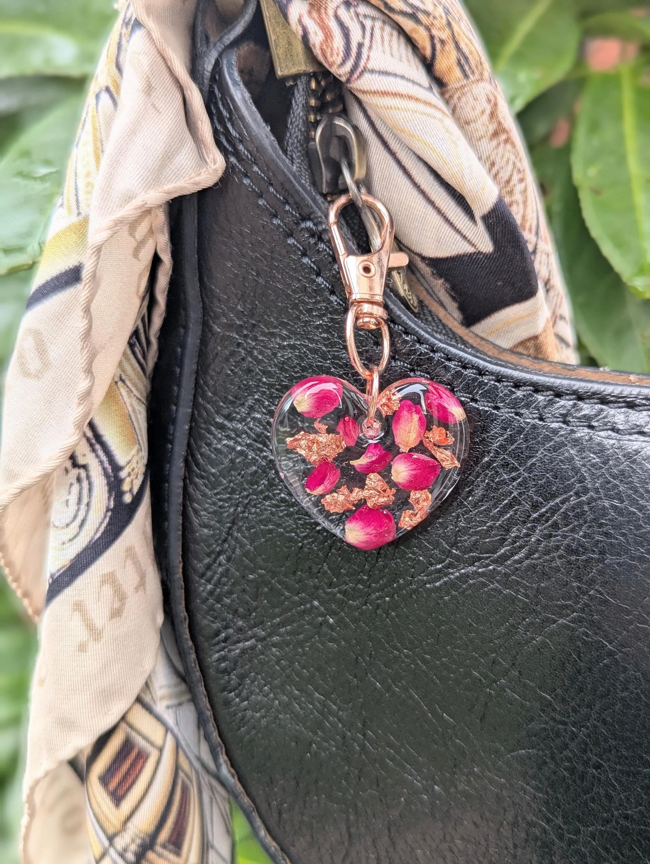 Real Rose Petal Heart Bag Charm: Heart Shaped Valentine Keyring