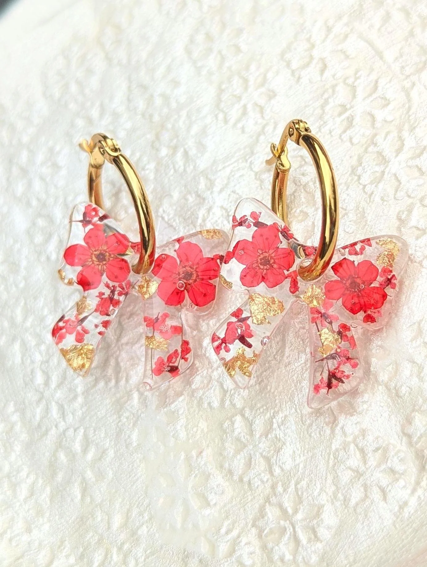 Bow Pressed Flower Earrings: Christmas Bow Jewellery Stainless Steel Hoops, Green or Red
