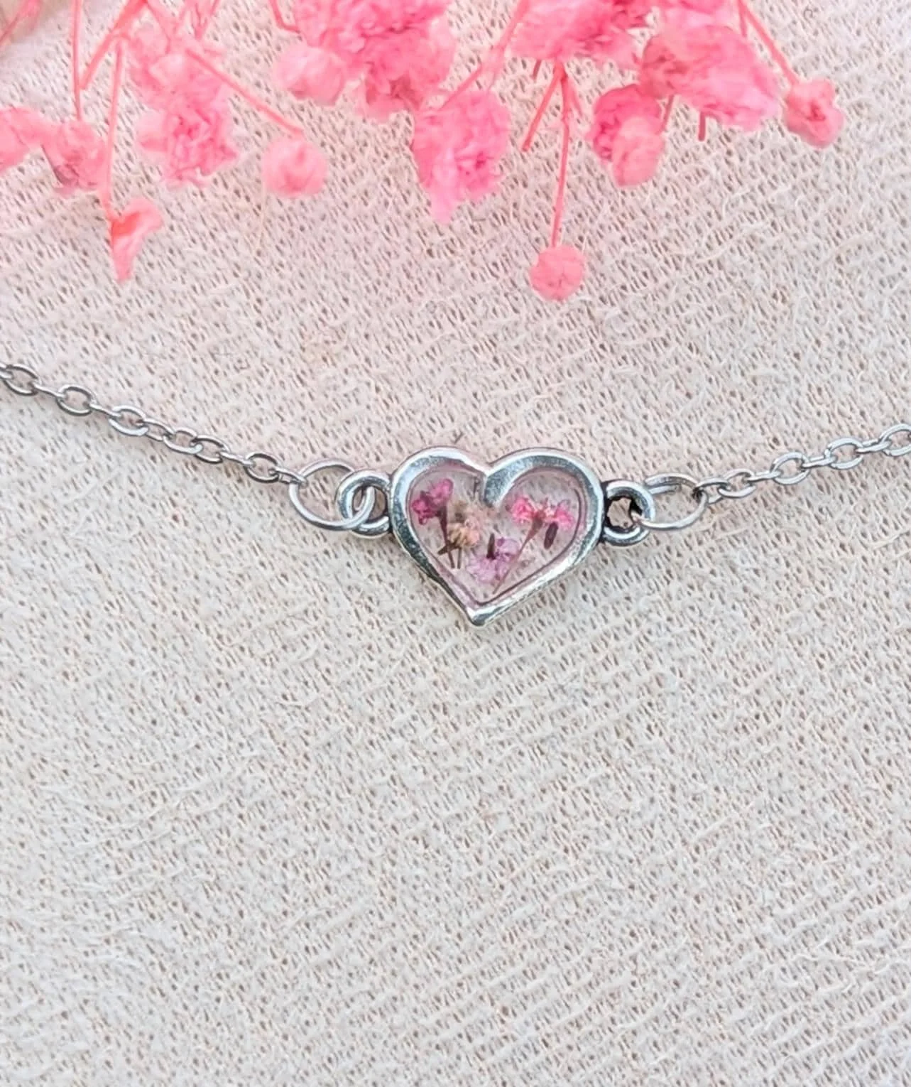 Pressed Flower Resin Bracelet: Gold or Silver Tiny Heart Bracelet