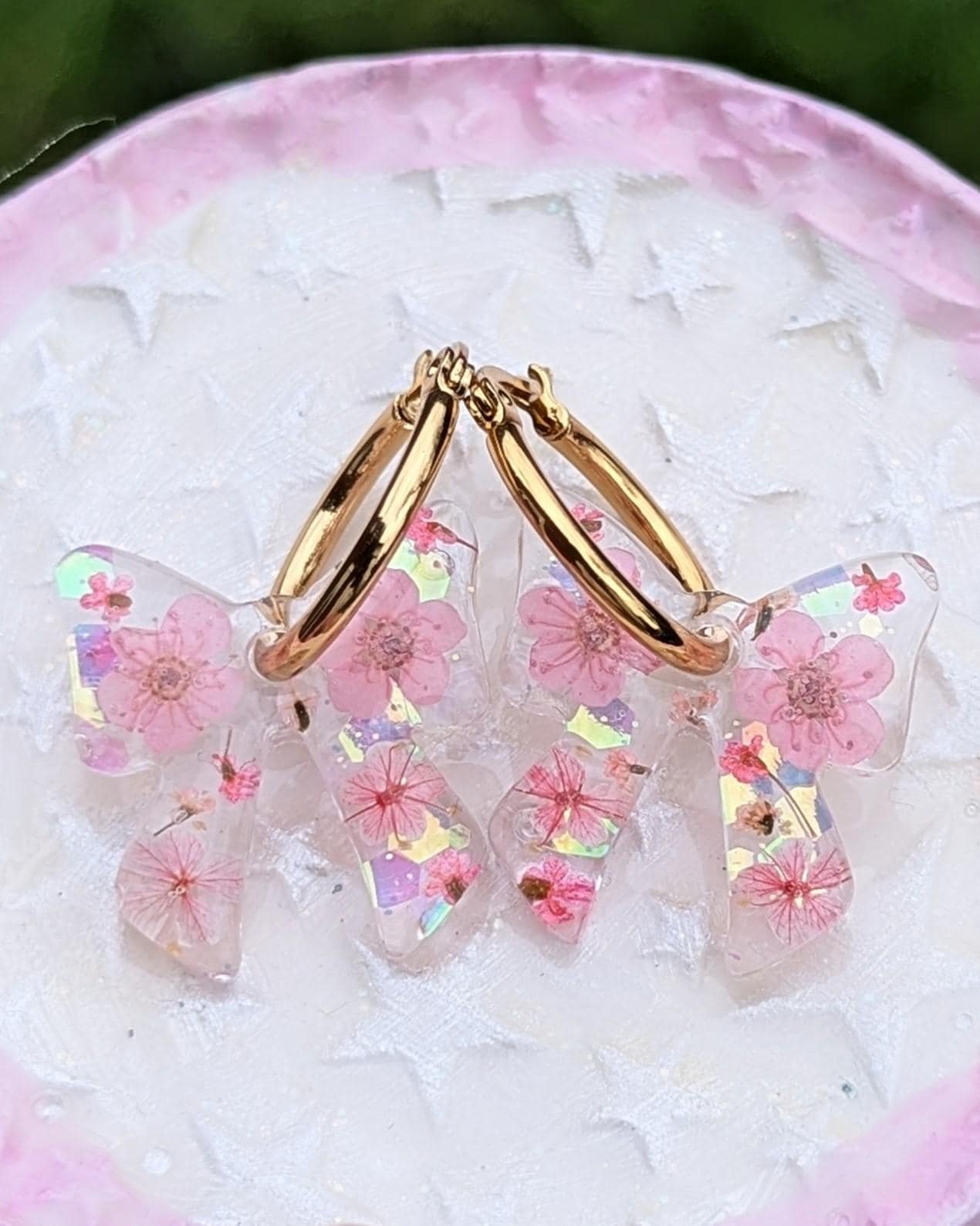 Bow Pressed Flower Earrings: Christmas Bow Jewellery Stainless Steel Hoops