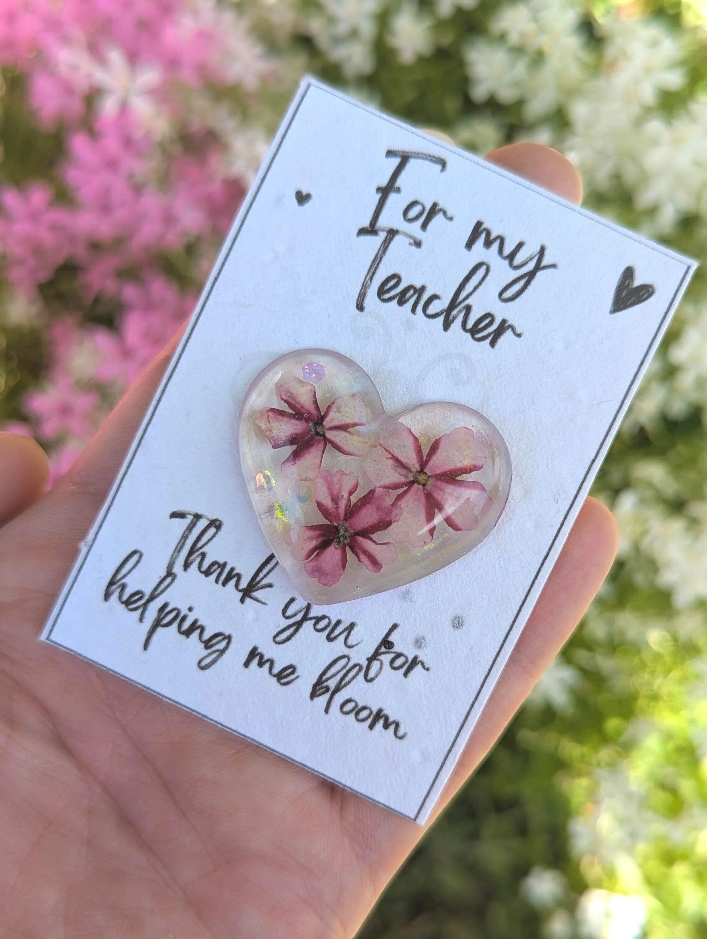 Teacher Gift, Pressed Flower Heart Pocket Hug, Plantable Seeded Card