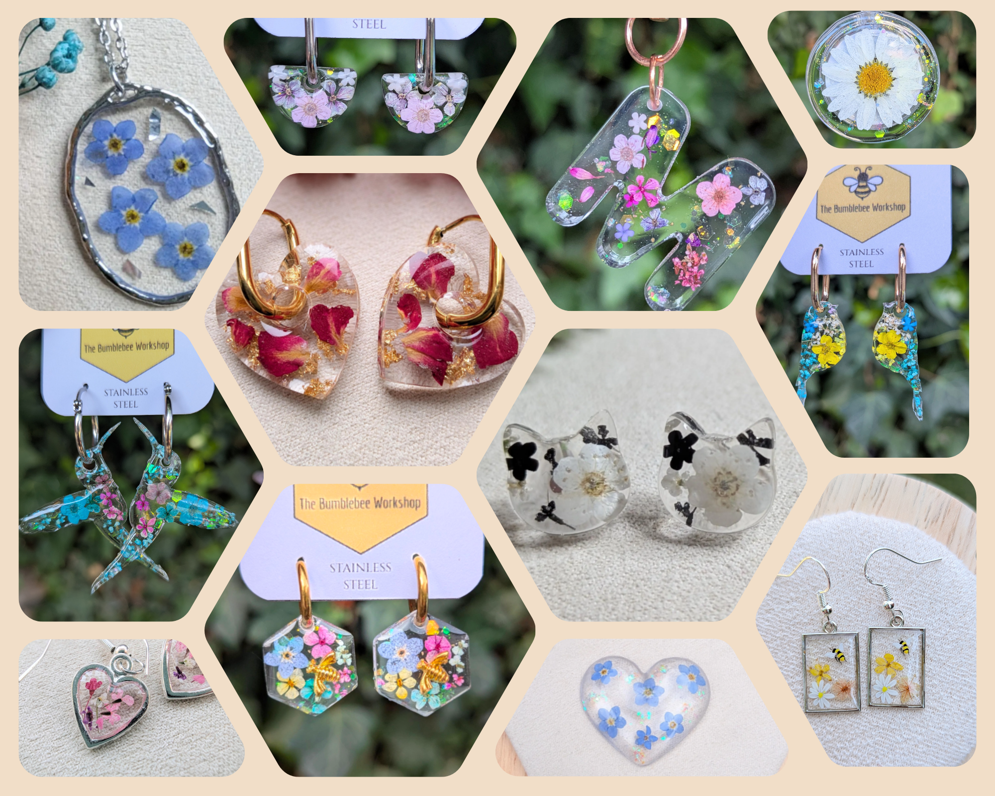 Collection of jewelry accessories including earrings and pendants with pressed flowers encased in resin, displayed on various backgrounds.