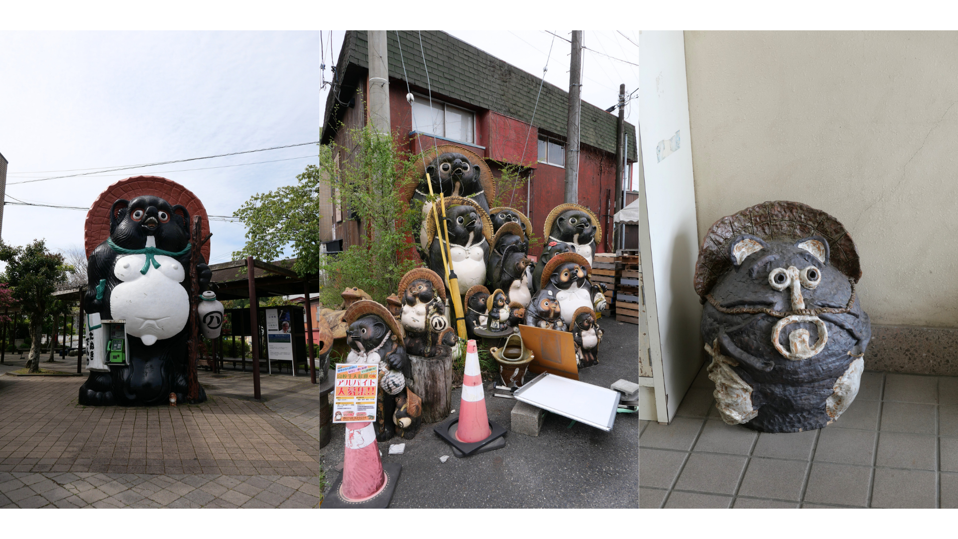 Three photos of tanuki ceramic figurines in Shigaraki, Japan. Left: a large tanuki statue standing in a town square. Centre: a group of tanuki figurines displayed outside a shop. Right: a close-up of a small, handmade tanuki figurine.