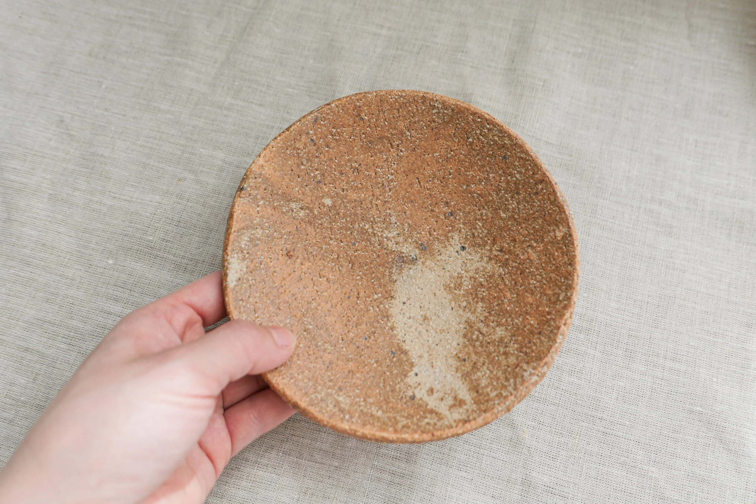 a hand holding a scarlet earth plate by shigaraki seinenryo, showing the unglazed brown surface with its rough, sandy texture