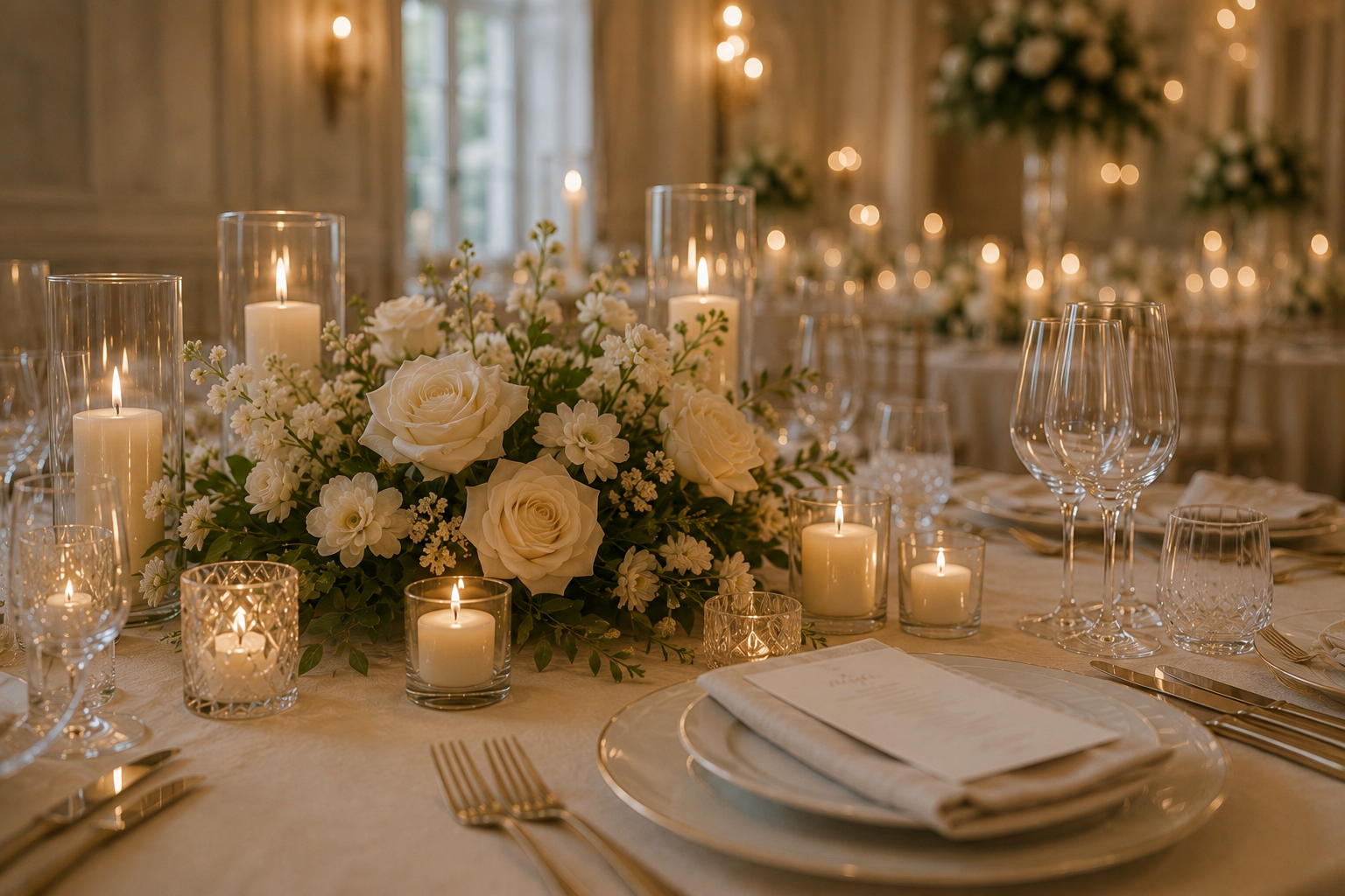 Table de mariage élégamment dressée avec fleurs blanches, bougies et vaisselle raffinée.