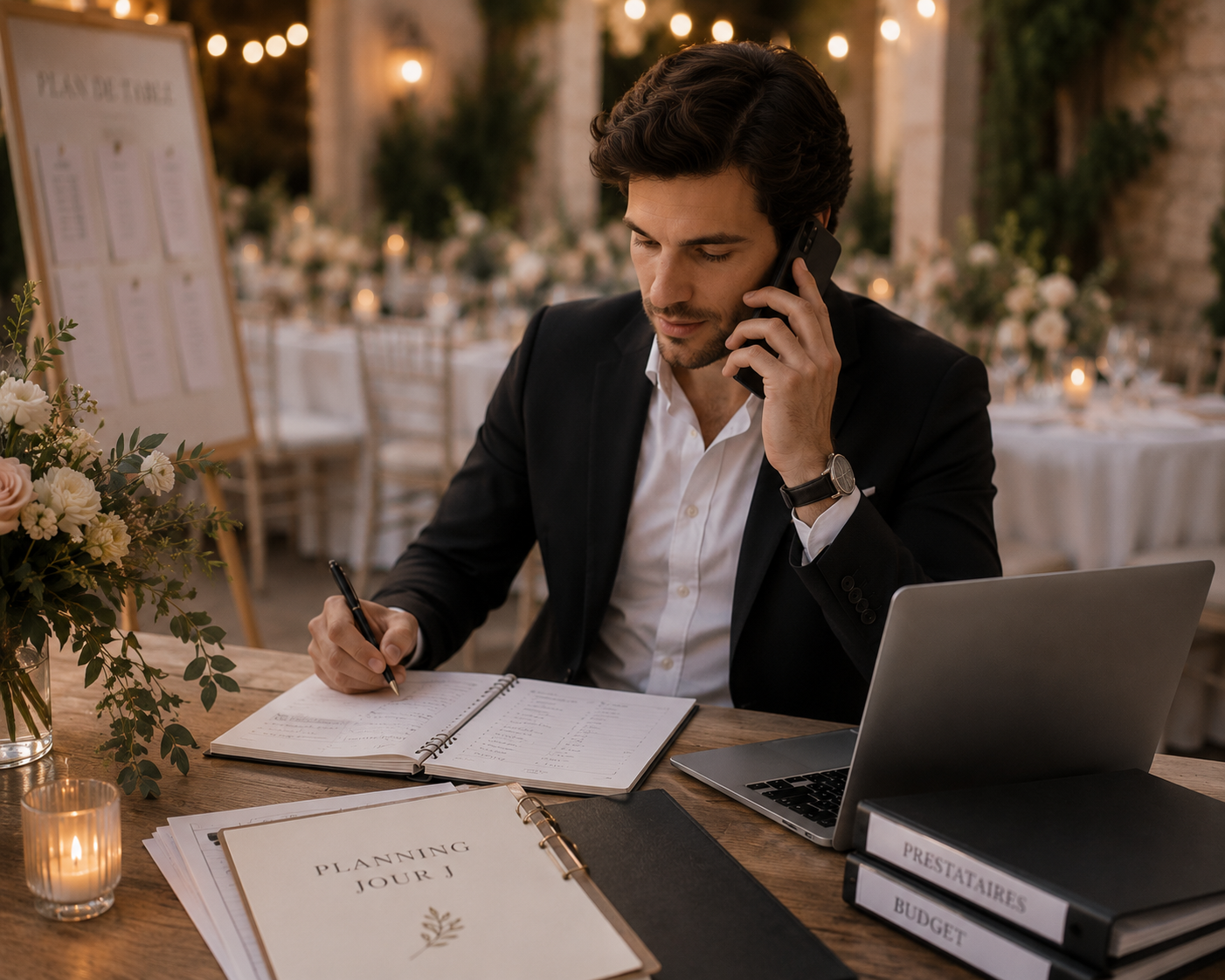 Wedding planner en costume noir travaillant au téléphone et prenant des notes lors d’une réunion dans une salle décorée pour un mariage.