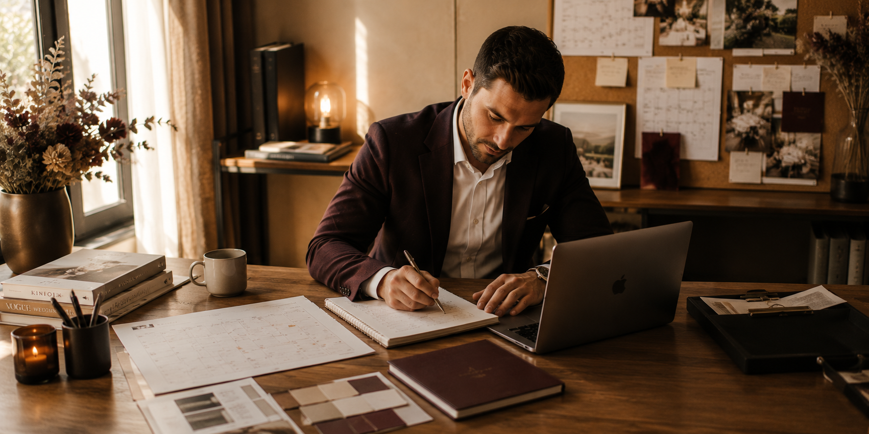 Un homme en costume marron travaille à un bureau en bois avec un ordinateur portable, des livres, des feuilles, des pinceaux et une tasse dans une pièce éclairée par la lumière naturelle provenant d'une fenêtre.