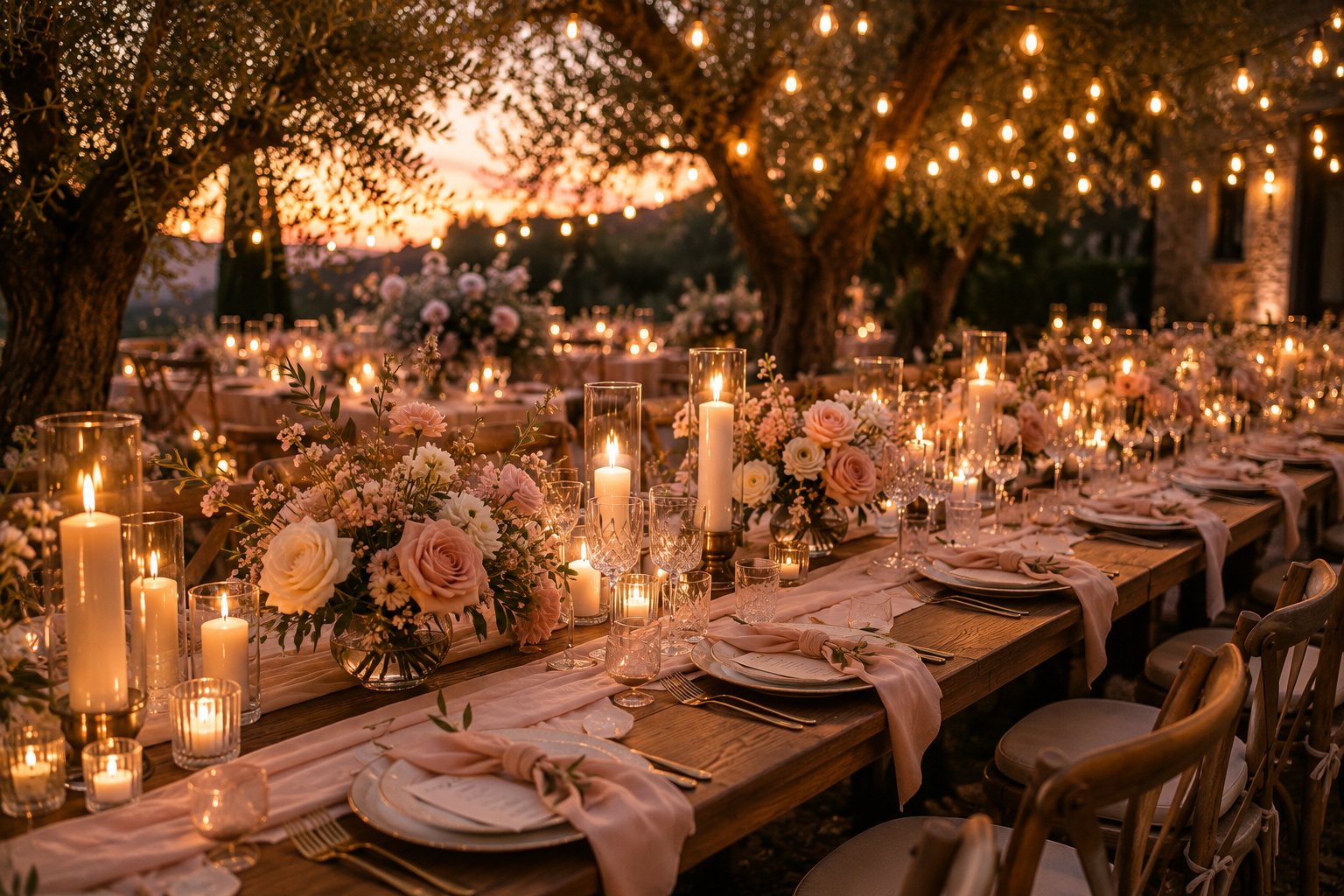 Table de mariage extérieure décorée avec des chandelles et des fleurs, éclairée par des guirlandes lumineuses sous un arbre au coucher du soleil.