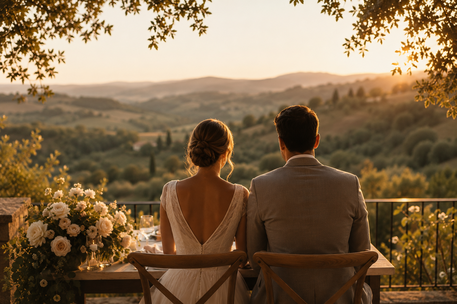 Couple de mariés profitant d'un coucher de soleil depuis une terrasse, dans un cadre naturel avec vue sur les collines.