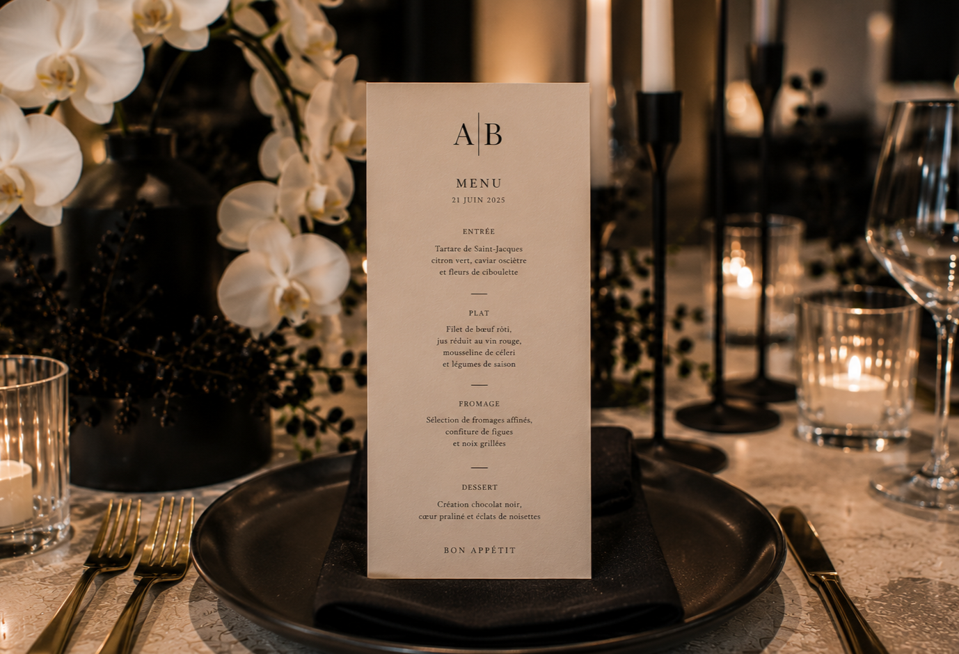 Menu de mariage sur une table élégante, entouré de fleurs blanches, bougies et vaisselle dorée.