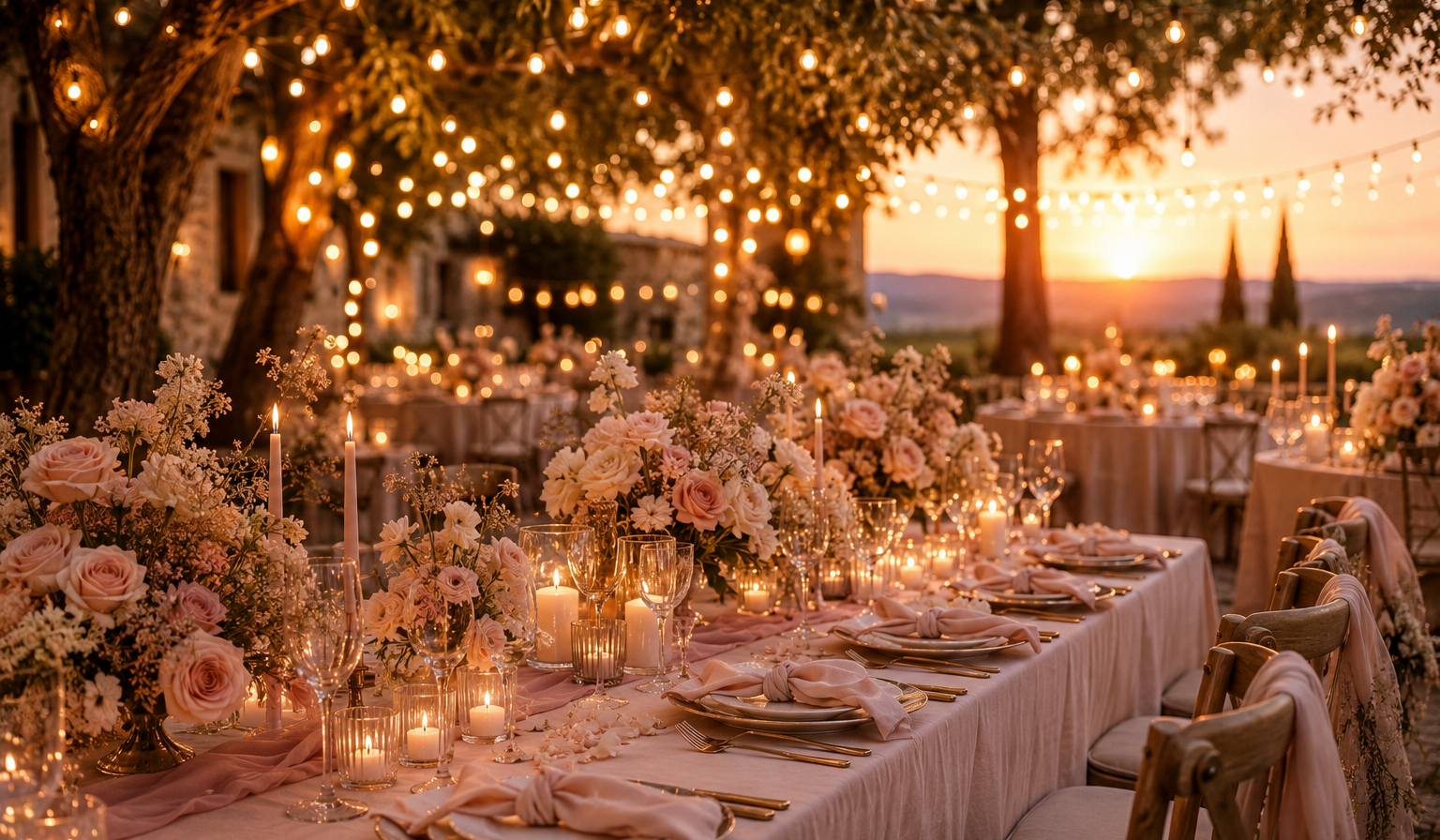 Dîner de mariage en plein air avec des tables décorées de fleurs, bougies et guirlandes lumineuses au coucher du soleil.