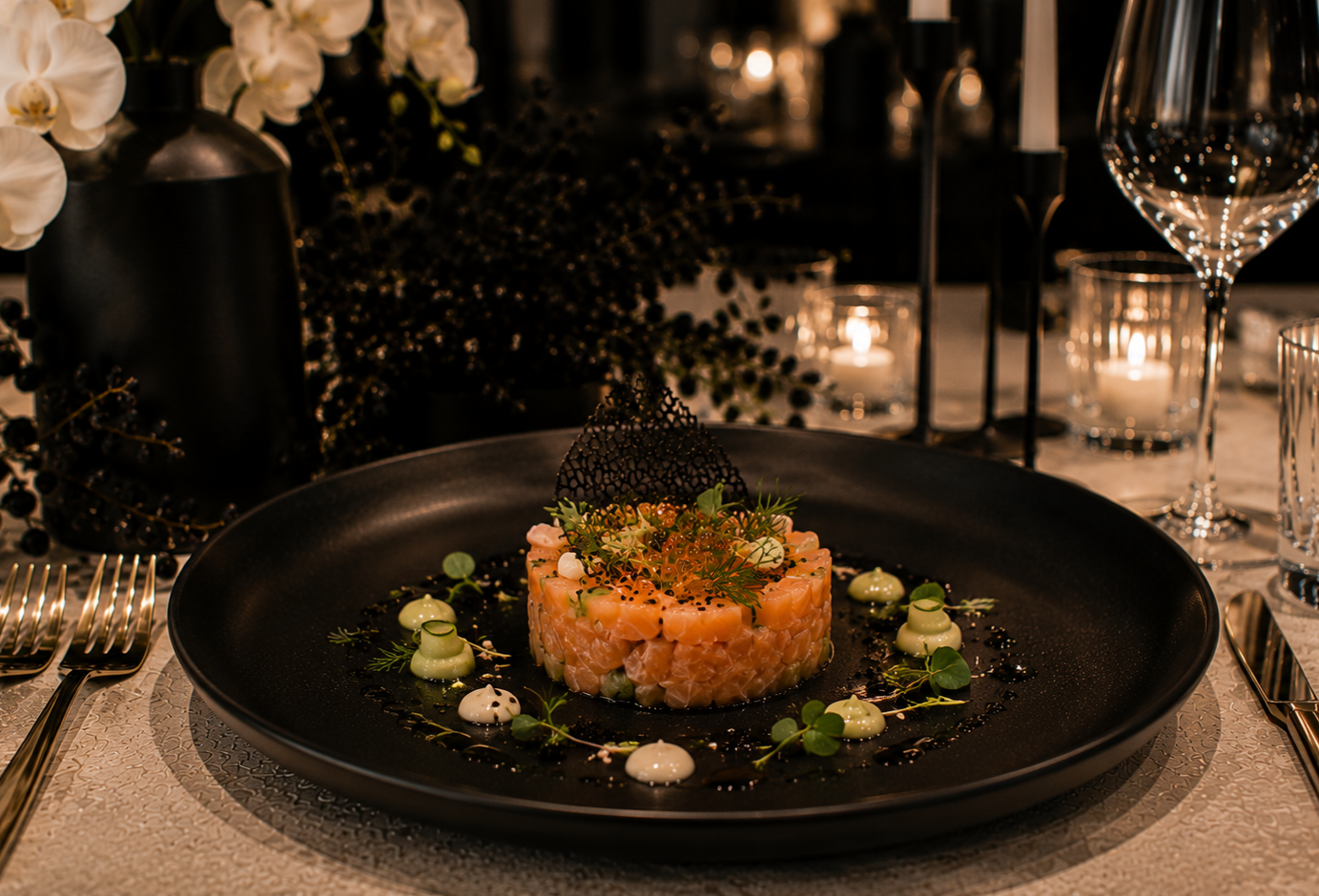 Plate de tartare de saumon garni de herbes et de sauce, décorée d'une fine feuille noire.
