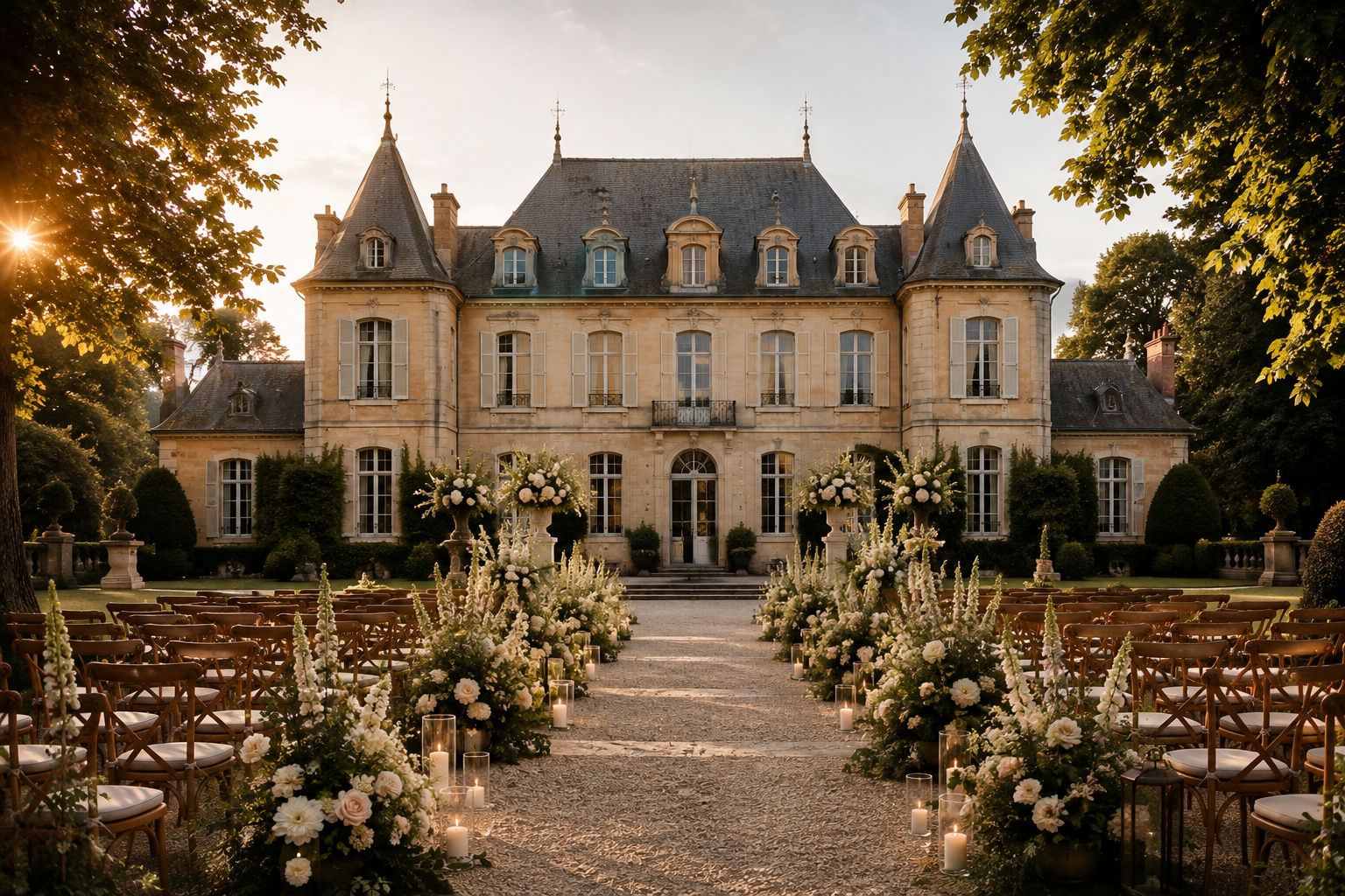 Château de mariage décoré avec des compositions florales et des bougies, pour une cérémonie ou une réception élégante en plein air au coucher du soleil.