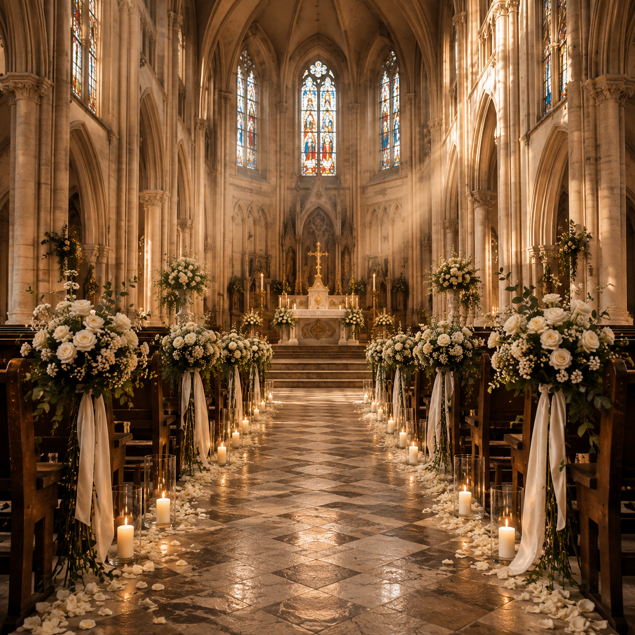 Église décorée pour une cérémonie de mariage avec fleurs blanches, bougies et vitraux colorés, dans une atmosphère élégante et solennelle.