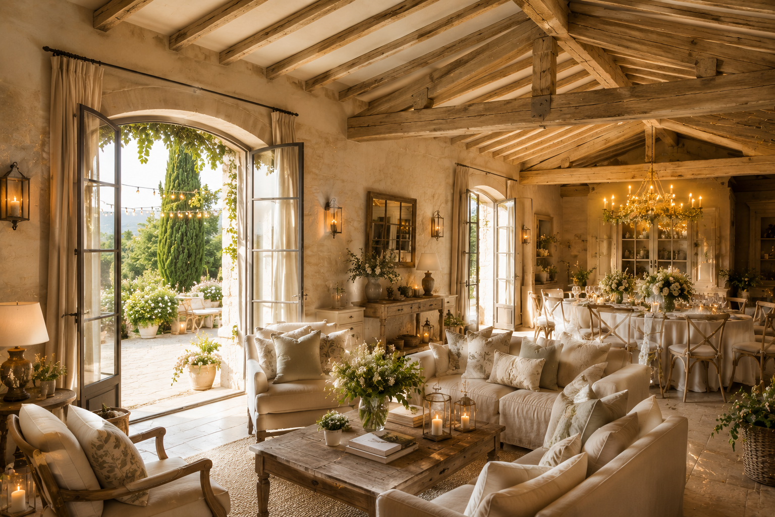 Salon de réception de mariage rustique avec canapés, chaises blanches et grande table décorée de fleurs, chandelier en cristal et vue sur un jardin arboré.