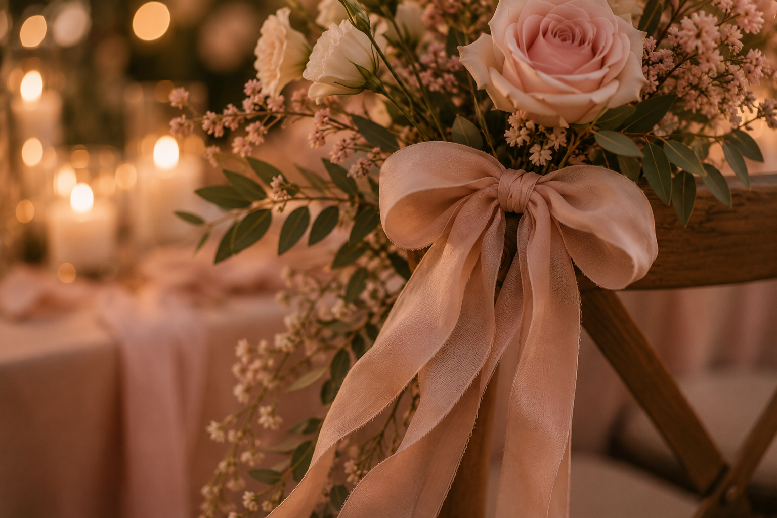 Bouquet de fleurs roses et blanches avec ruban en satin pour une décoration de mariage.
