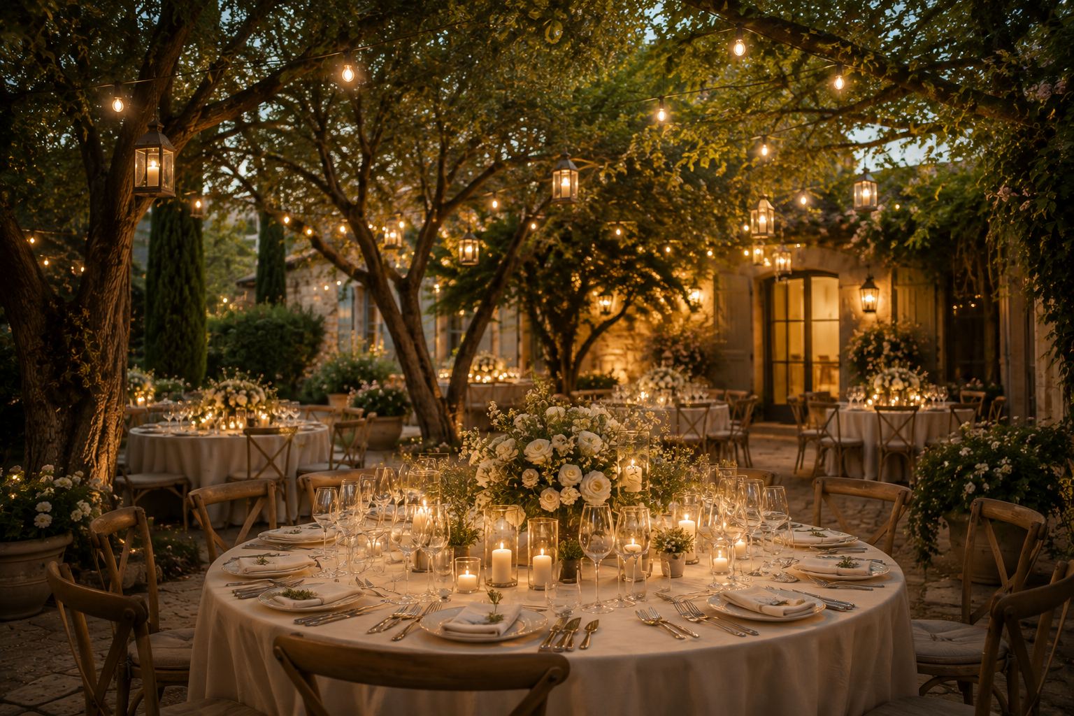 Dîner de mariage en plein air sous les arbres, avec guirlandes lumineuses, tables élégantes, bougies et décoration florale pour une réception romantique.