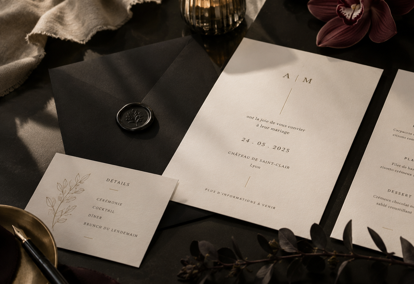 Invitation de mariage élégante avec enveloppe noire, sceau en cire, carte de détail et fleurs violettes.