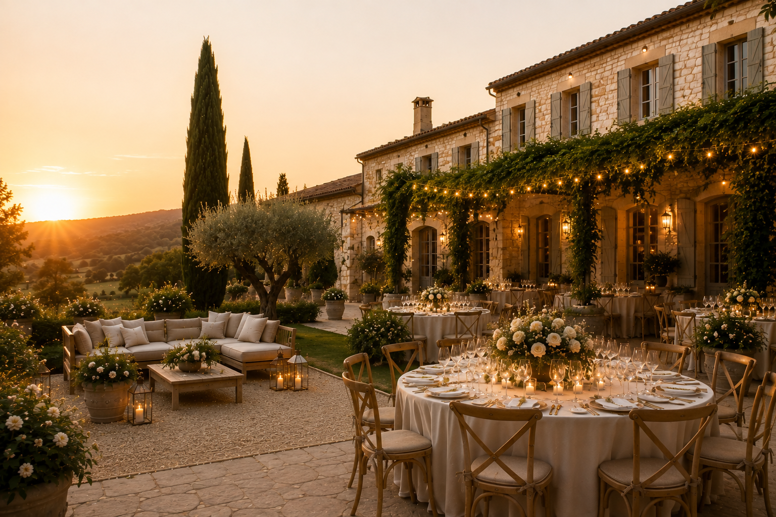 Réception de mariage en extérieur lors d'une soirée d'été, avec tables rondes, nappes blanches, fleurs, bougies et espace lounge sous les arbres au coucher du soleil.