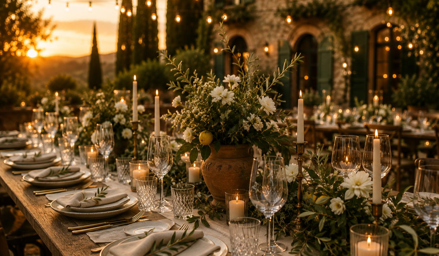 Dîner de mariage en plein air au coucher du soleil avec fleurs blanches, bougies et éclairage suspendu autour d'une bâtisse en pierre