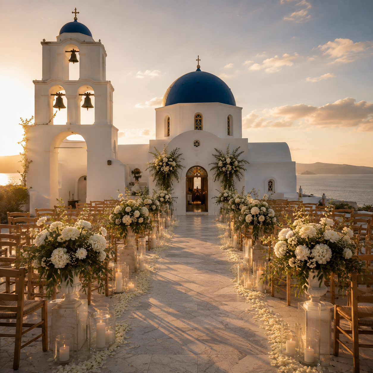 Cérémonie de mariage en plein air face à la mer, avec église blanche au dôme bleu, fleurs blanches, bougies et chaises en bois sur une terrasse.