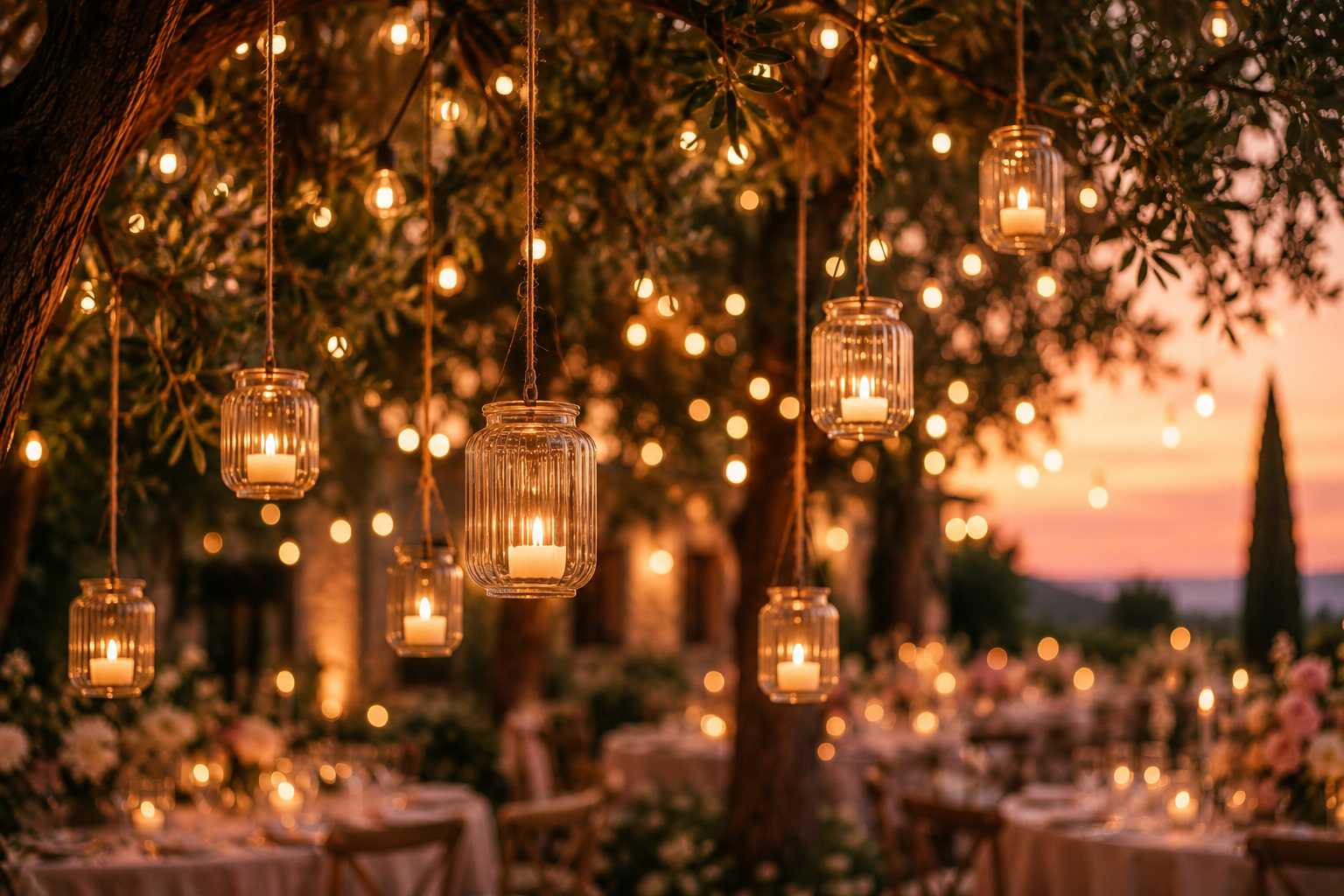 Lanterne suspendues avec bougies pour une réception de mariage en extérieur, ambiance chaleureuse et romantique.