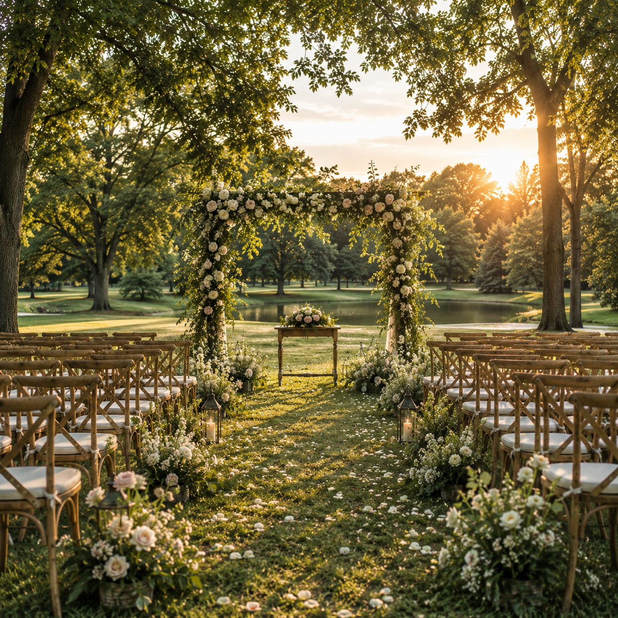 Décoration de mariage en plein air avec arche fleurie, chaises en bois et lanternes, au bord d’un étang sous les arbres au coucher du soleil.