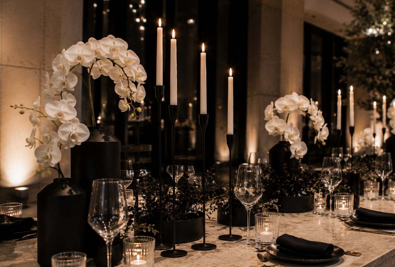 Table de mariage élégante avec décoration florale blanche, bougies, chandeliers et verres à vin.