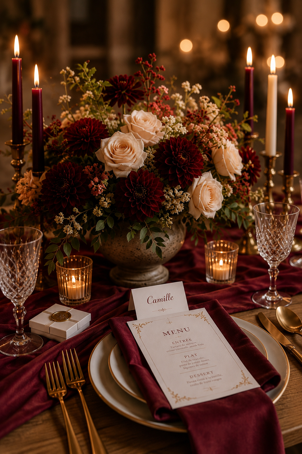 centre de table floral pour mariage avec roses blanches, dahlias rouges, bougies et verrerie élégante, accompagnée d'un menu personnalisé.