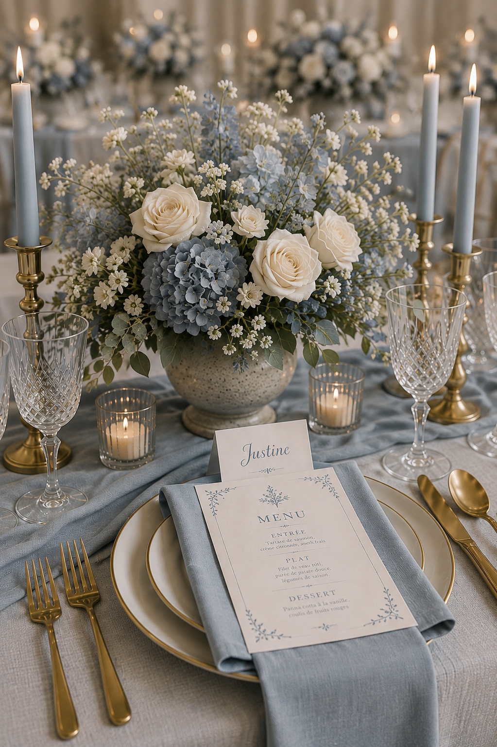 Table de mariage élégante avec composition florale de roses blanches, hortensias bleus et fleurs délicates, bougies et chandeliers dorés, menu et marque-place personnalisés.