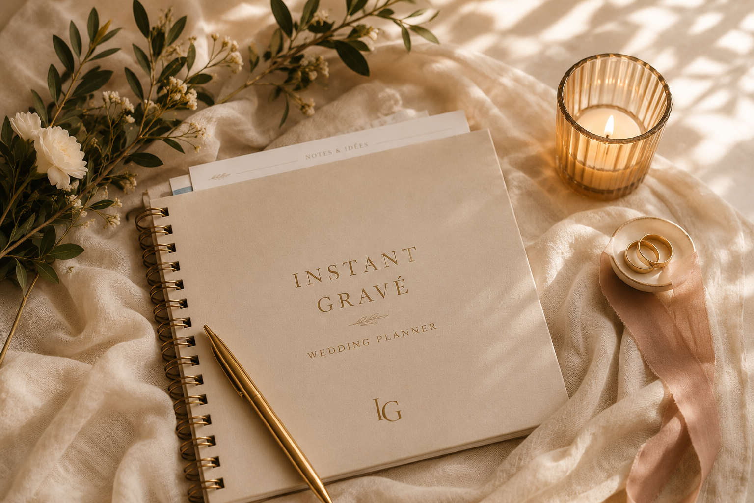 Carnet de planification de mariage avec un stylo en or, une bougie dans un vase en verre, des anneaux de mariage sur une petite assiette avec un ruban en satin rose, des fleurs vertes et blanches, et un cahier de notes, tous disposés sur un tissu blanc.